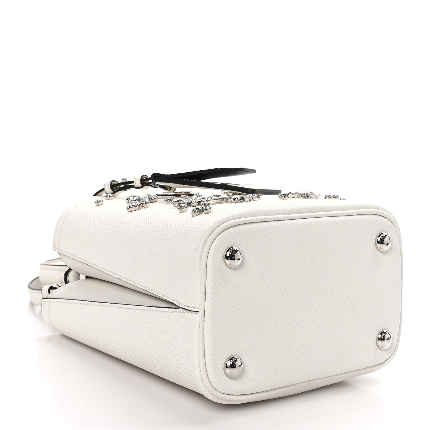 Prada Saffiano Cuir Crystal Small Panier Bucket Bag White Black 4 of 9