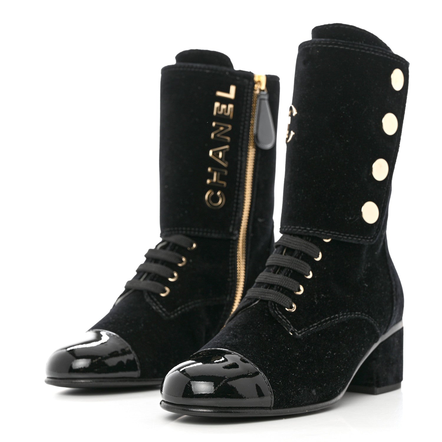 Chanel Velvet Patent Cap Toe CC Lace Up Boots 38 Black 3 of 8