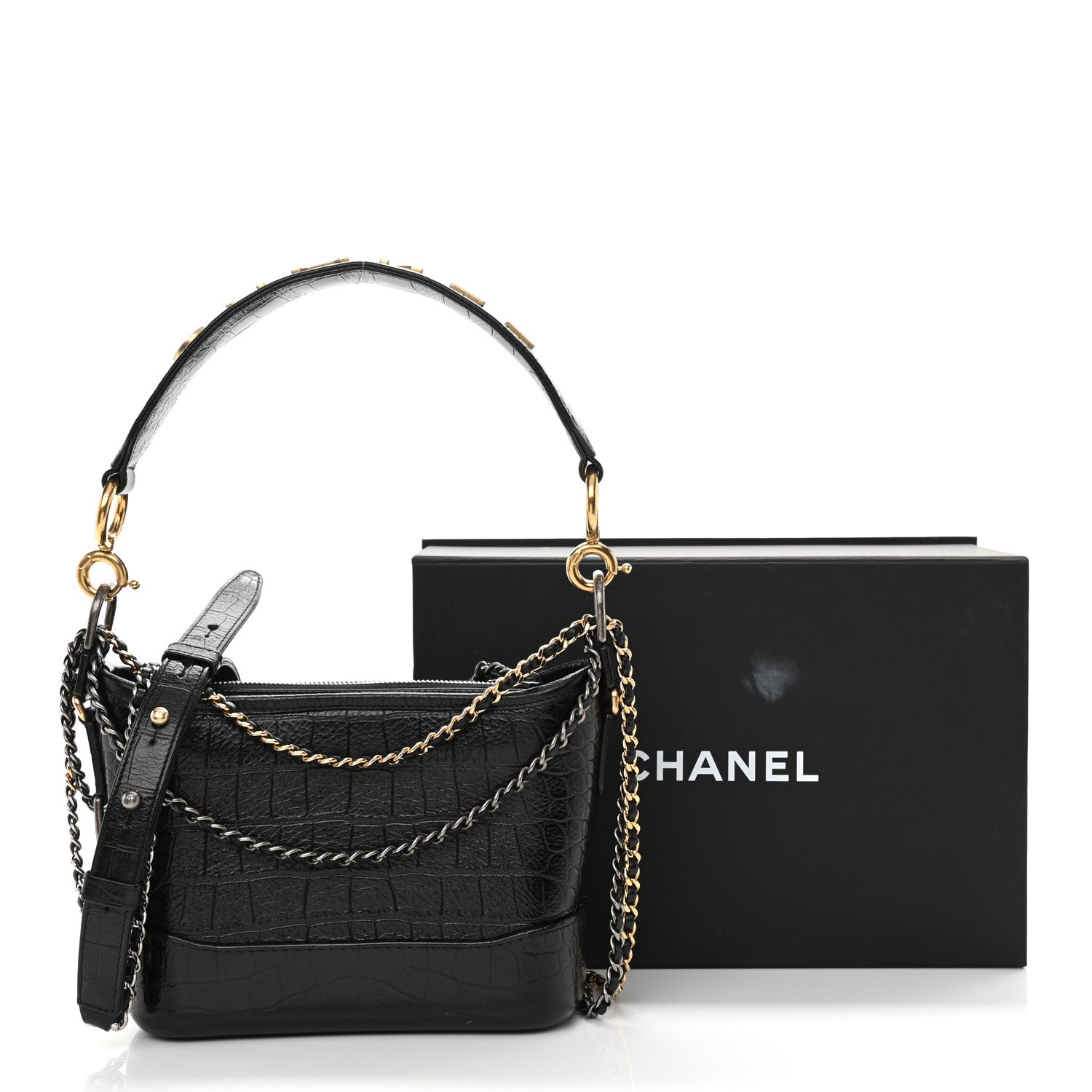 Chanel Calfskin Crocodile Embossed Small Gabrielle Cocodile Hobo Black 9 of 9