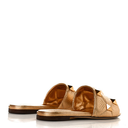 Valentino Garavani Metallic Pebbled Calfskin Roman Stud Flat Slide Sandals 36 Antique Brass 4 of 12