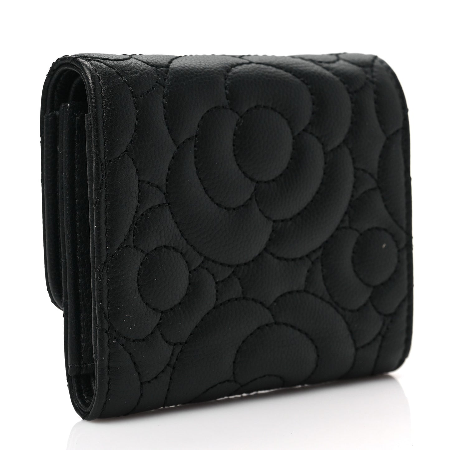 Caviar Camellia Embossed Compact Wallet Black