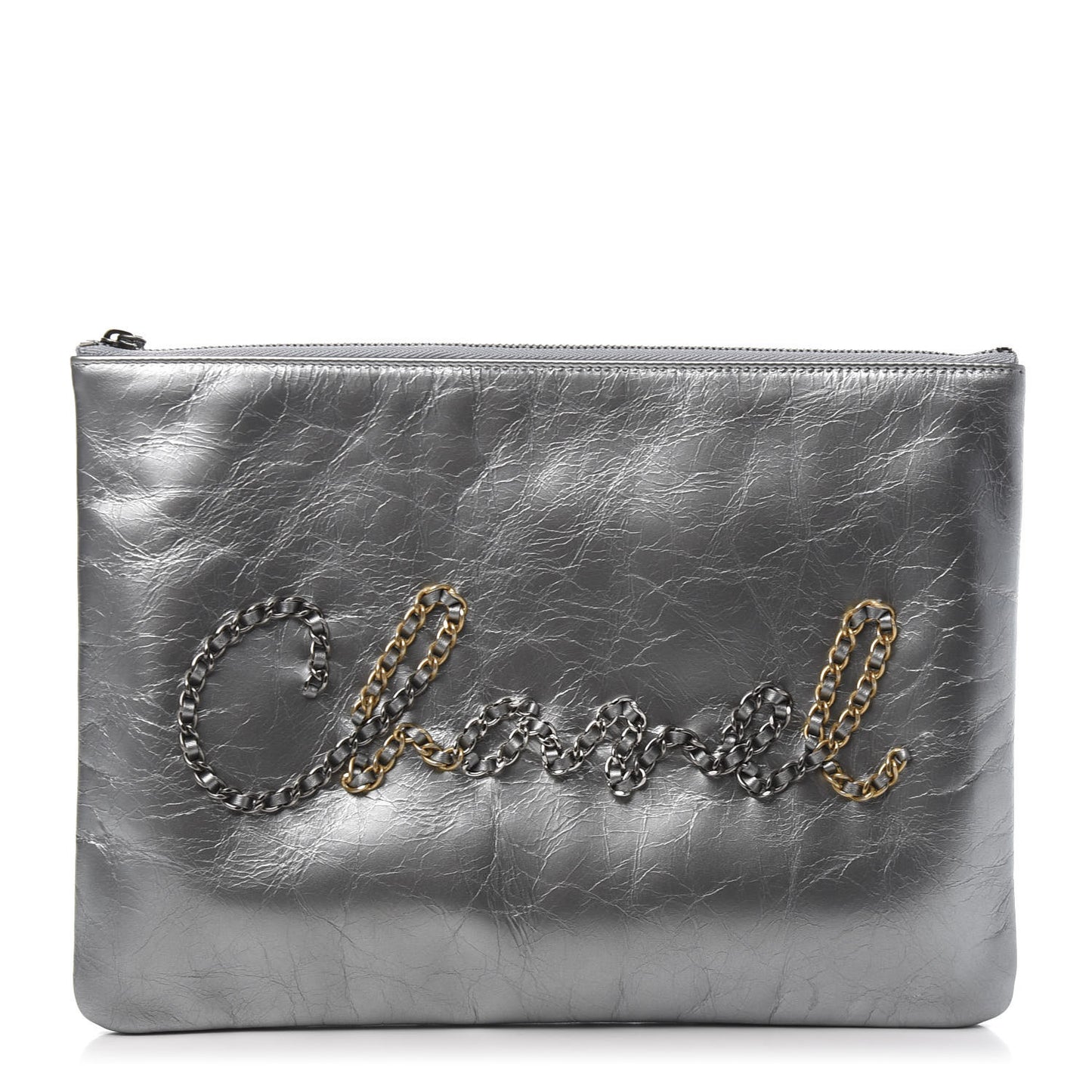 Metallic Crumpled Calfskin Chain 20s Signature Pouch Silver