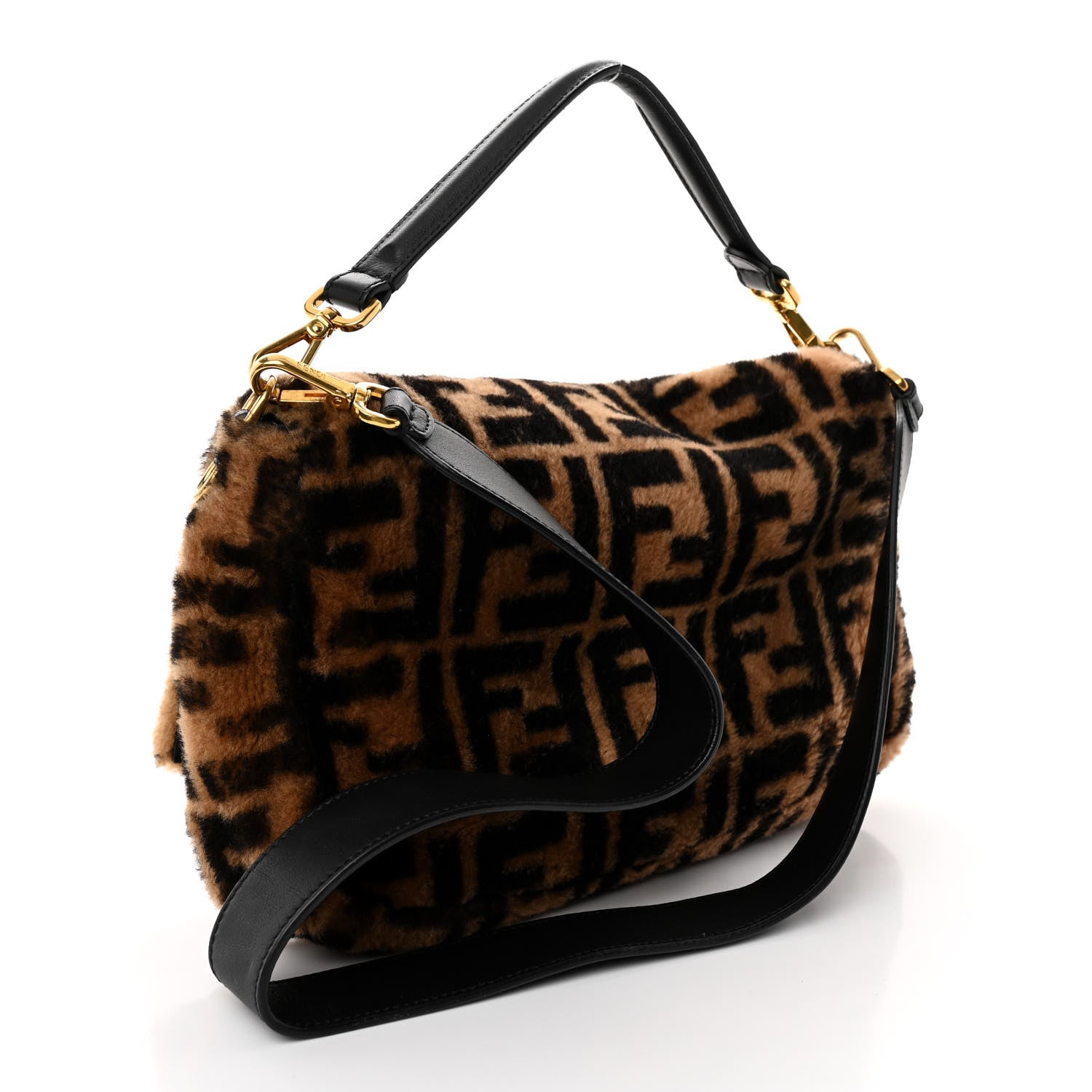 Fendi Shearling Vitello Dolce Macro FF 1974 Baguette Tobacco Black 3 of 9