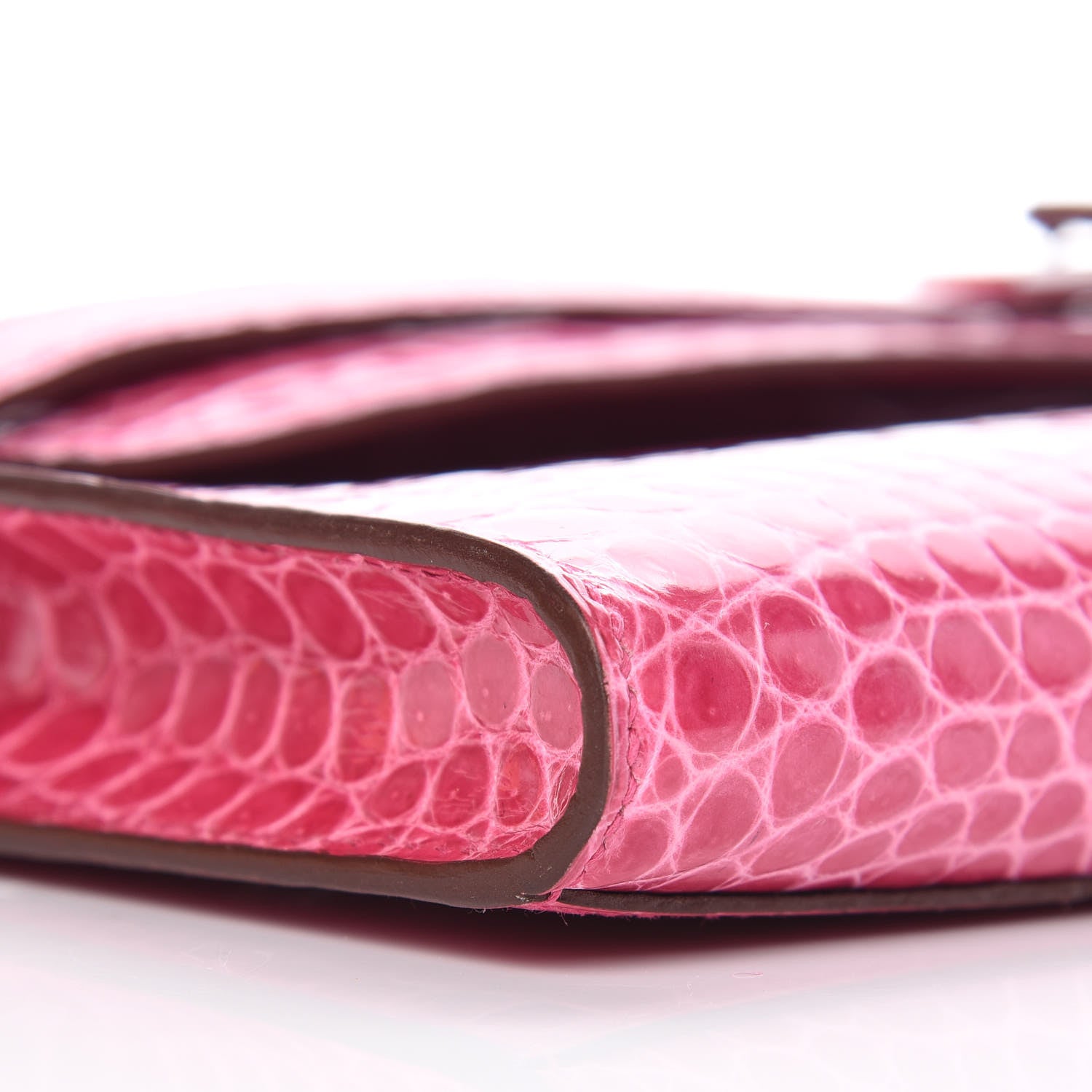 Hermes Shiny Porosus Crocodile 18K White Gold Diamond Kelly Cut Pochette Rose Tyrien 10 of 27
