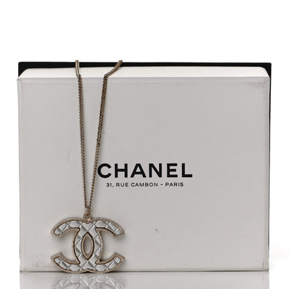 Chanel Metal Quilted CC Pendant Necklace Gold White 6 of 6