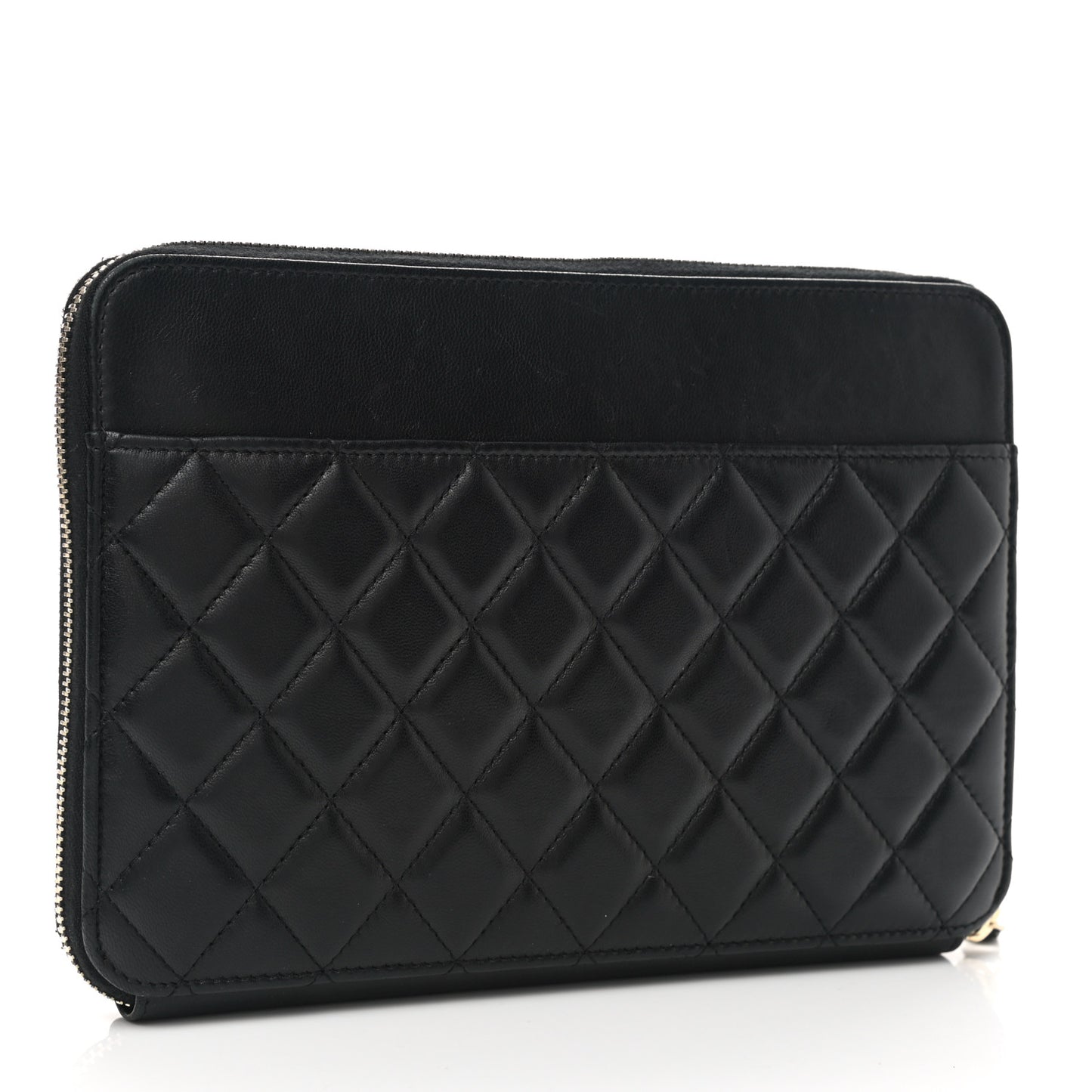Lambskin Quilted Large Zip Around Organizer Wallet Black