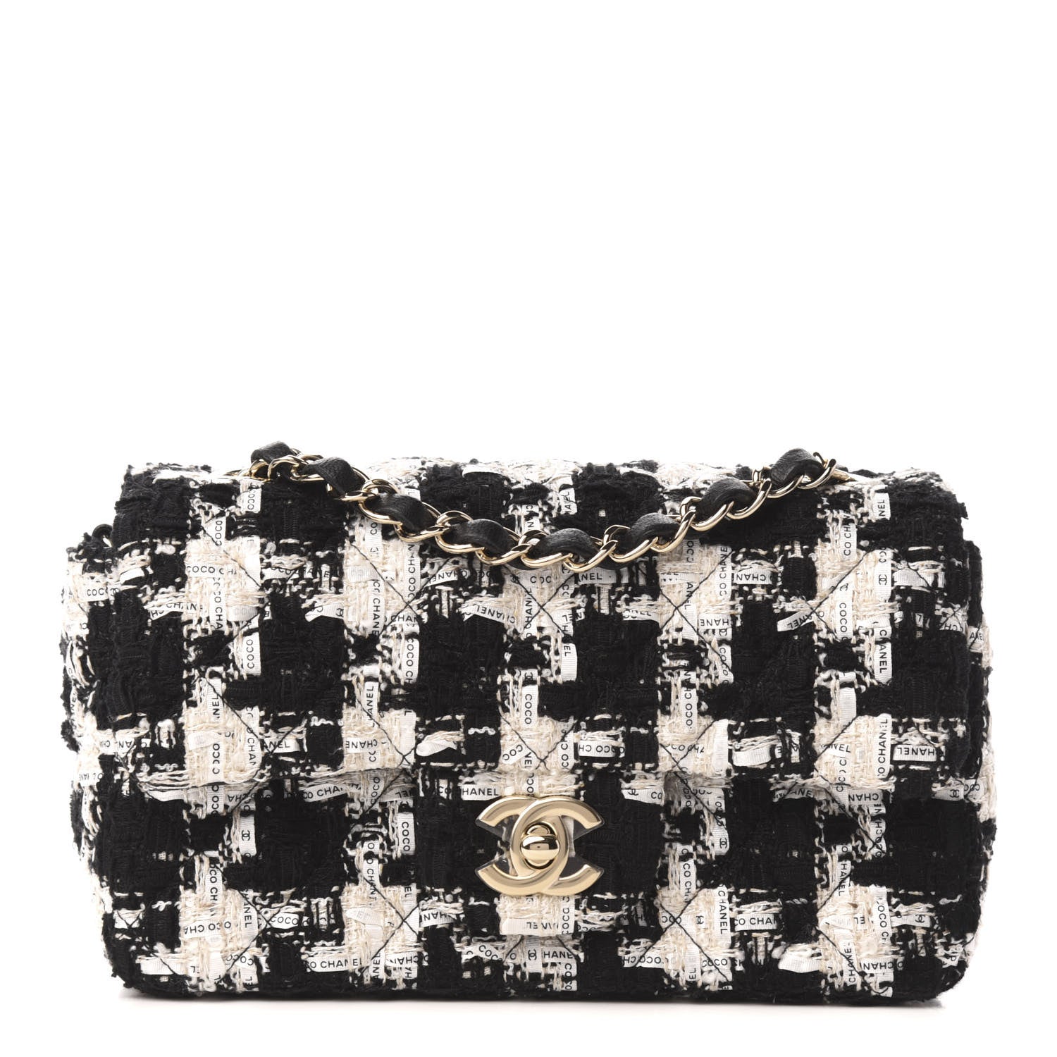 Chanel Tweed Quilted Mini Rectangular Flap Black Ecru White 1 of 9