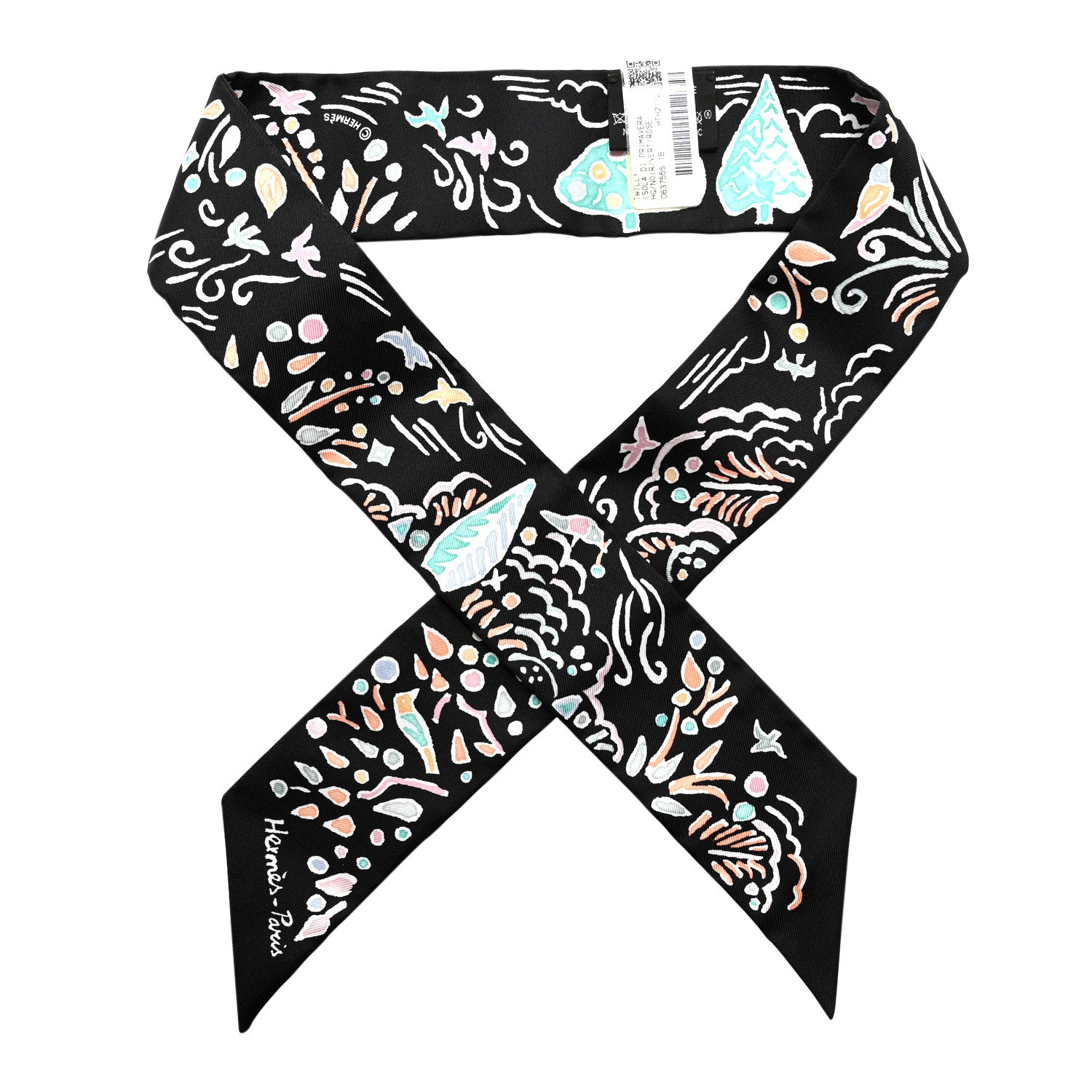 Hermes Silk Isola Di Primavera Twilly Black Vert Rose 1 of 4