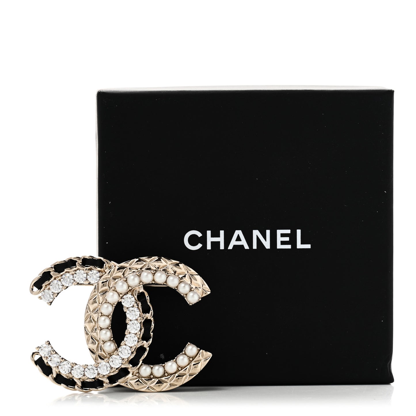 Lambskin Pearl Crystal Quilted CC Brooch Black Gold Black