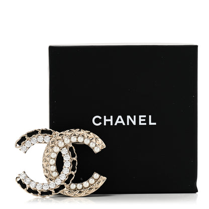 Chanel Lambskin Pearl Crystal Quilted CC Brooch Black Gold Black 4 of 4