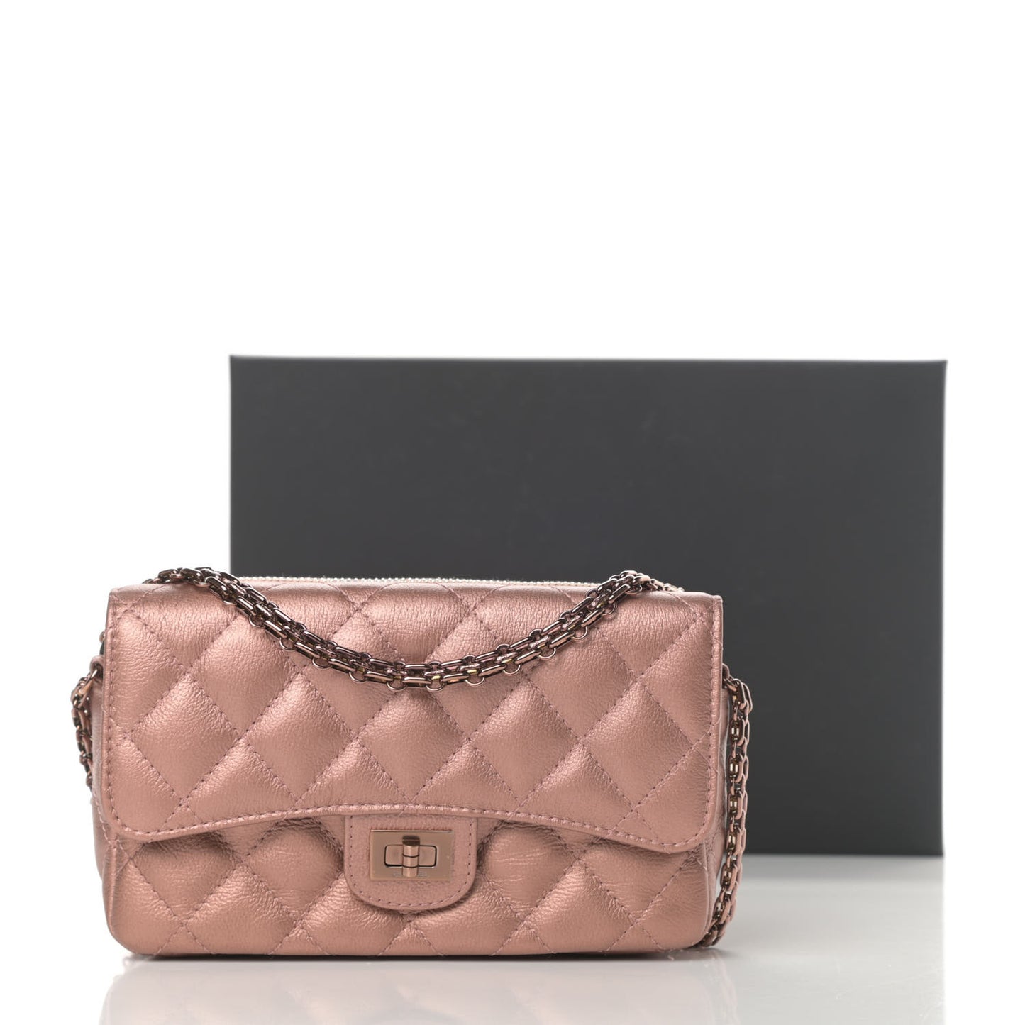 Metallic Grained Calfskin Quilted 2.55 Reissue Phone Holder With Chain Copper