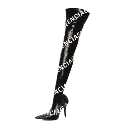 Balenciaga Sequin Spandex Logo 110mm Knife Thigh High Boots 35.5 Black 1 of 7