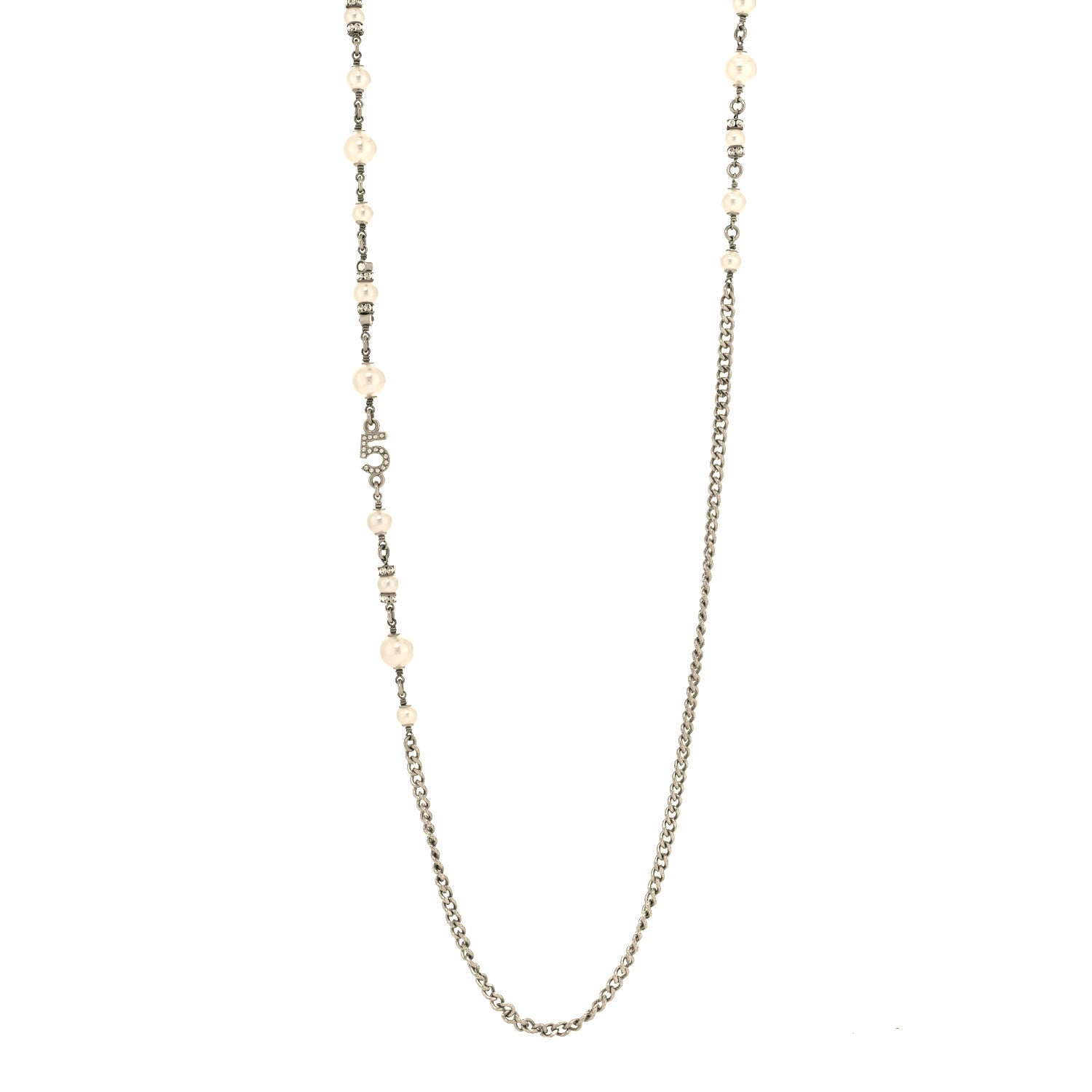 Chanel Crystal Pearl Logo Necklace Silver 1 of 5