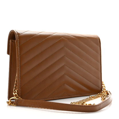 Saint Laurent Grain De Poudre Matelasse Chevron Monogram Envelope Chain Wallet Natural Dark Dark Beige 3 of 8