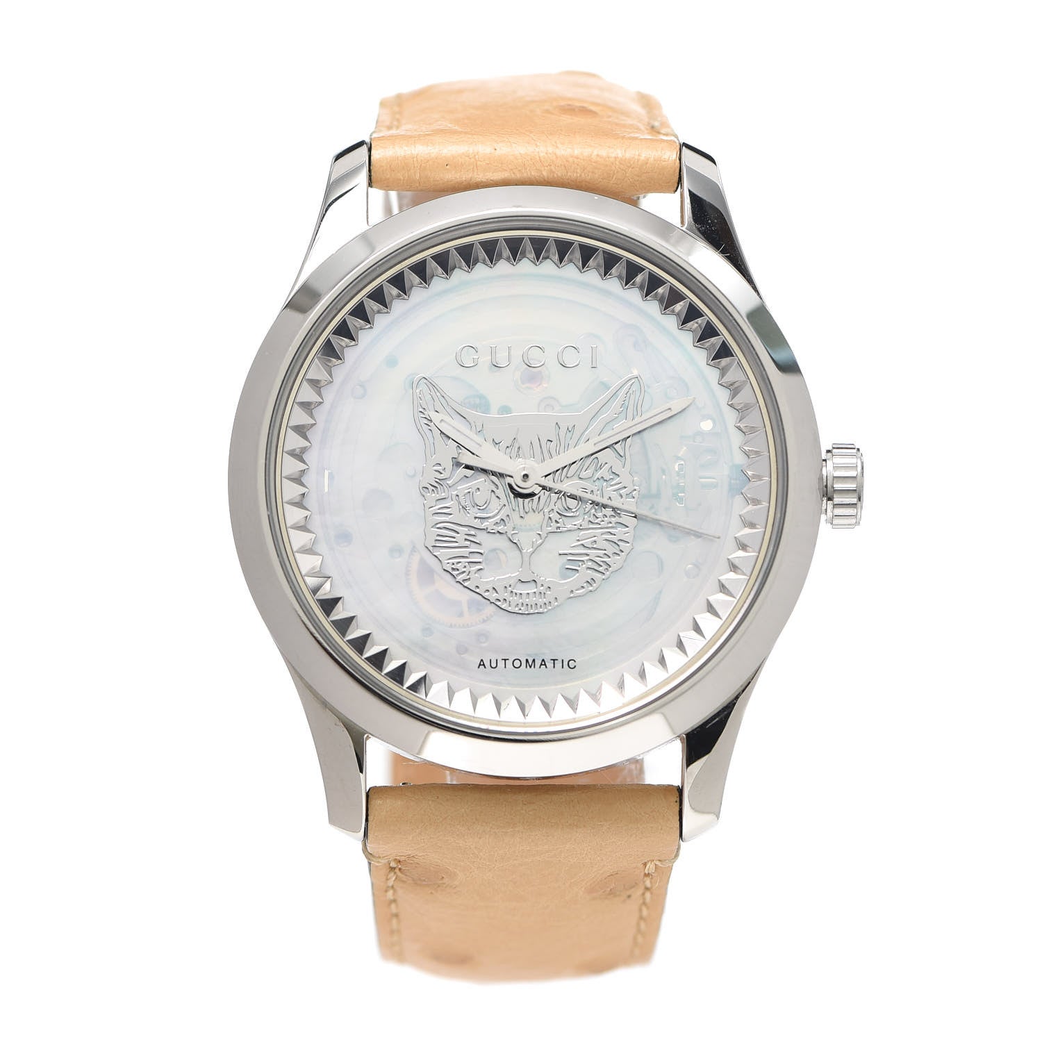 Gucci Stainless Steel Ostrich Mother of Pearl 38mm G-Timeless Cat Automatic Watch 1 of 5