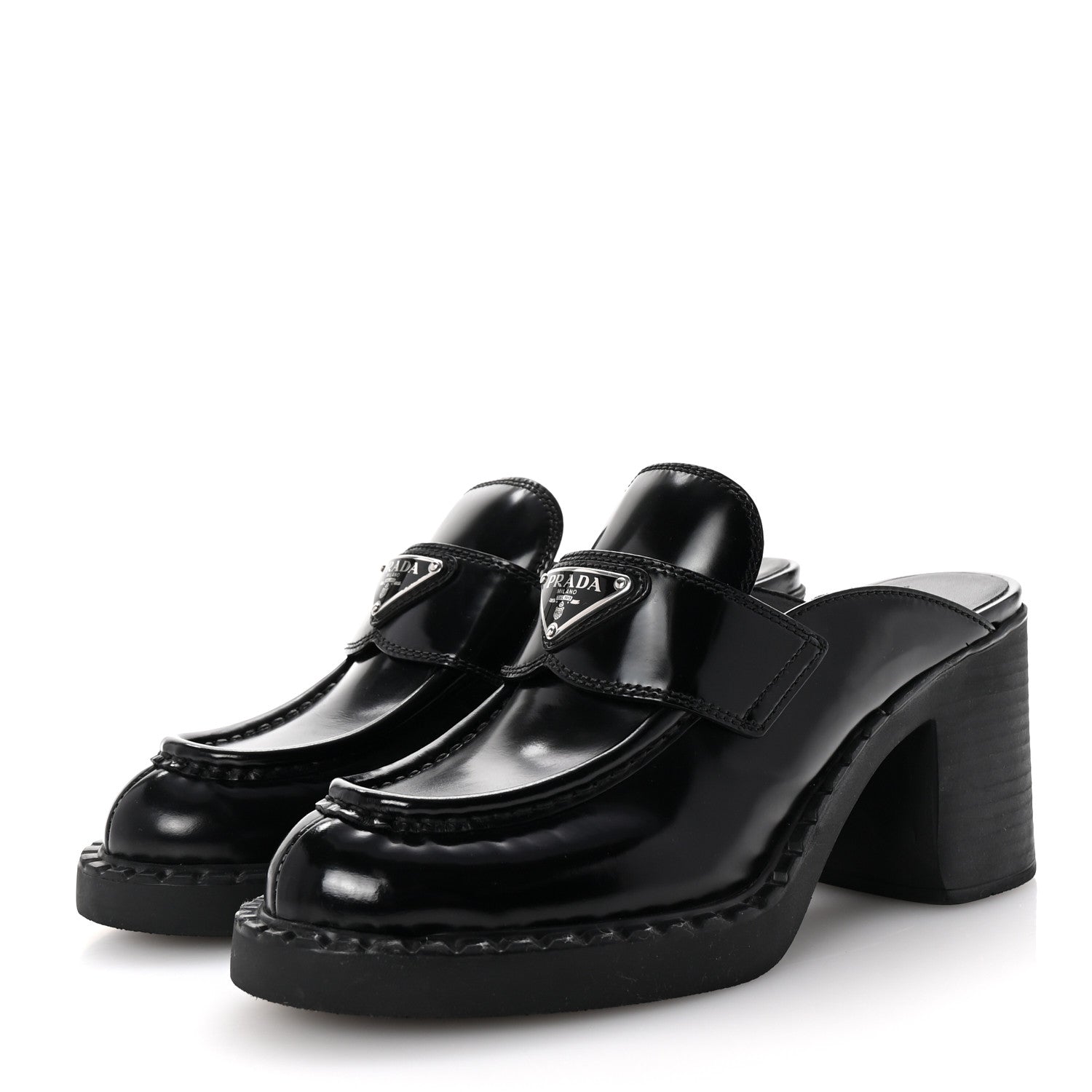 Prada Spazzolato Metal Triangle Logo Platform Loafer Mules 37.5 Black 4 of 9