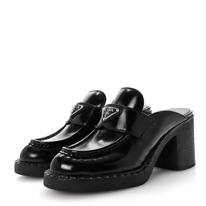 Prada Spazzolato Metal Triangle Logo Platform Loafer Mules 37.5 Black 4 of 9