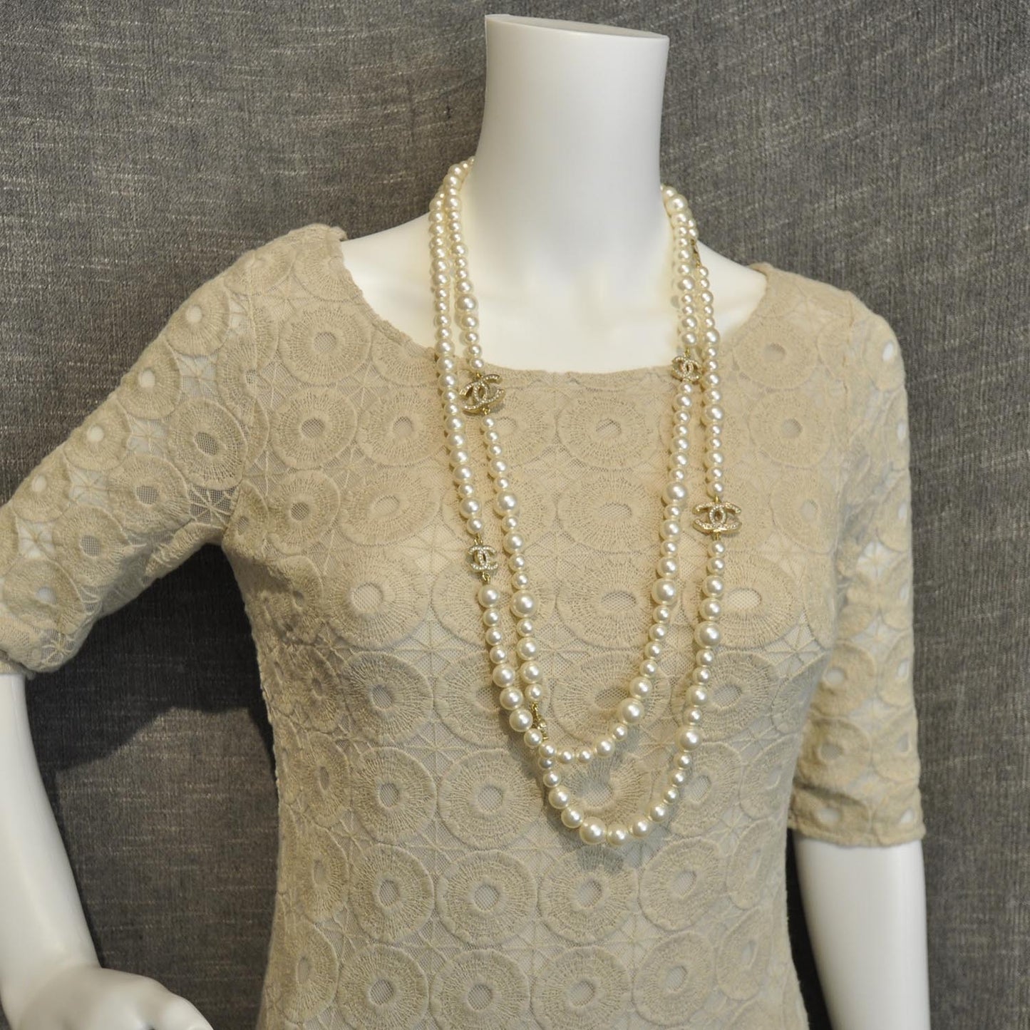 Pearl Crystal CC Double Strand Necklace Gold