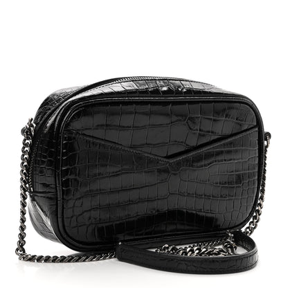 Saint Laurent Calfskin Crocodile Embossed Monogram Mini Lou Camera Bag Black 3 of 10