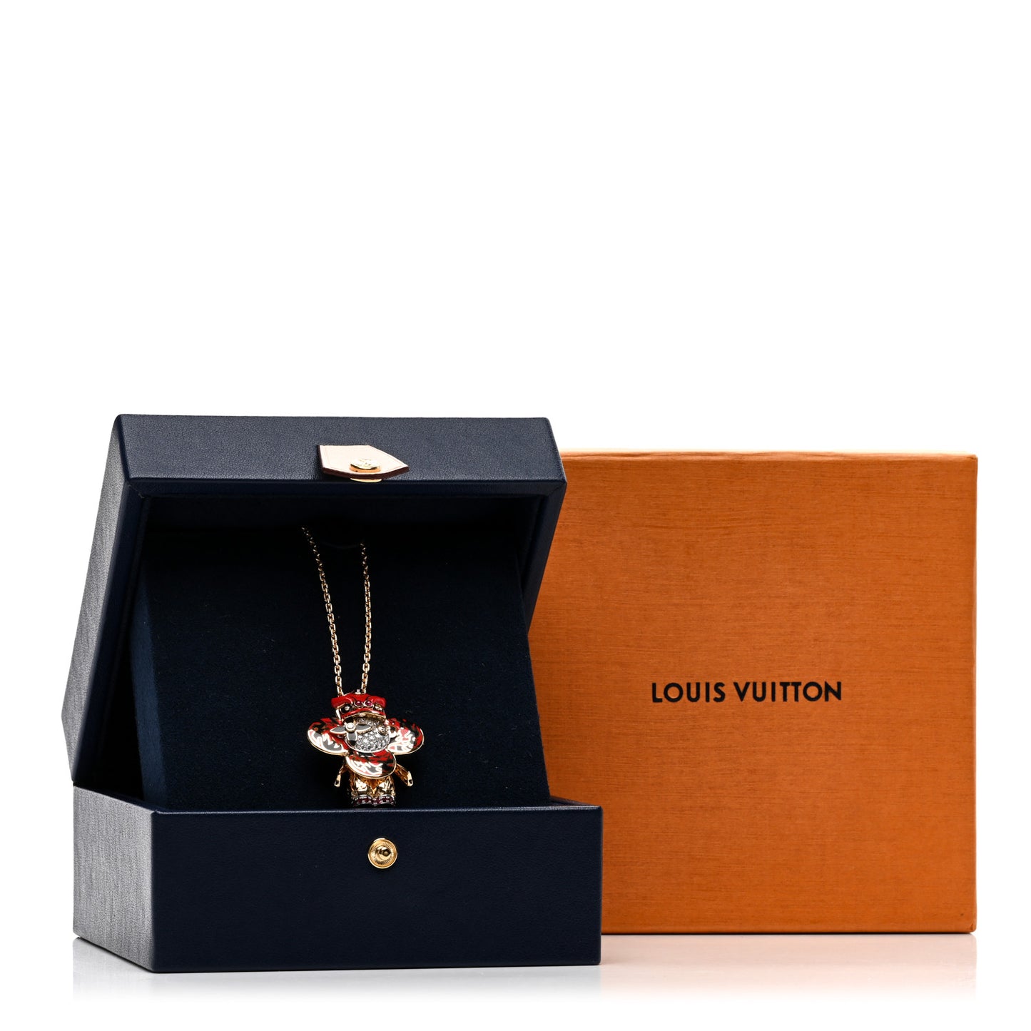 18K Yellow White Gold Lacquer Diamond Spinel Vivienne Red Lion Dance Brooch Necklace