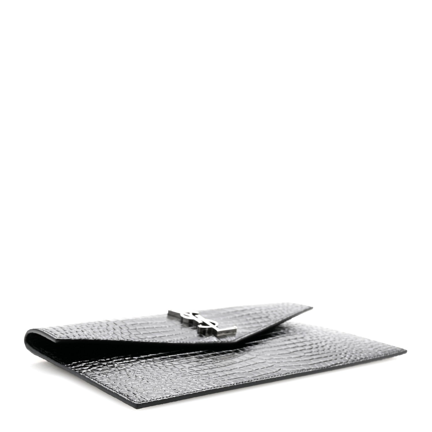 Saint Laurent Calfskin Crocodile Embossed Uptown Monogram Clutch Black 4 of 13
