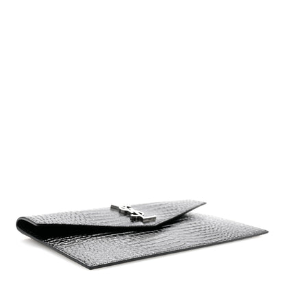 Saint Laurent Calfskin Crocodile Embossed Uptown Monogram Clutch Black 4 of 13