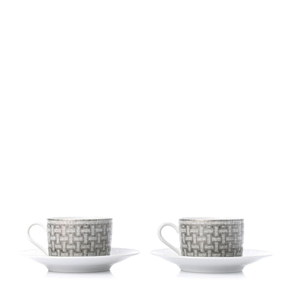 Hermes Porcelain Mosaique Au 24 Platine Tea Cup And Saucer Set Of 2 Platinum 1 of 5