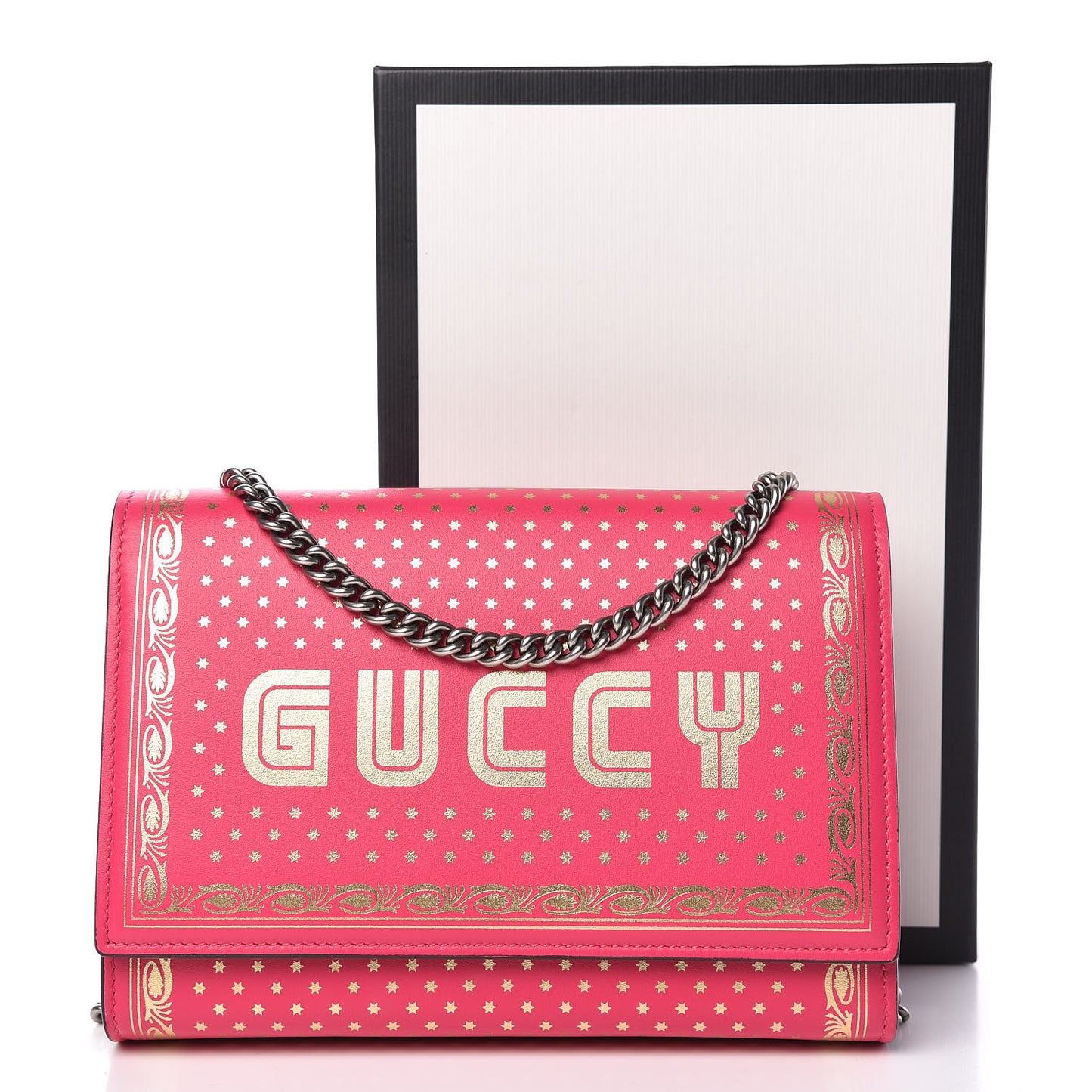 X SEGA Calfskin GUCCY Stars Chain Wallet Violet Fuxia Gold