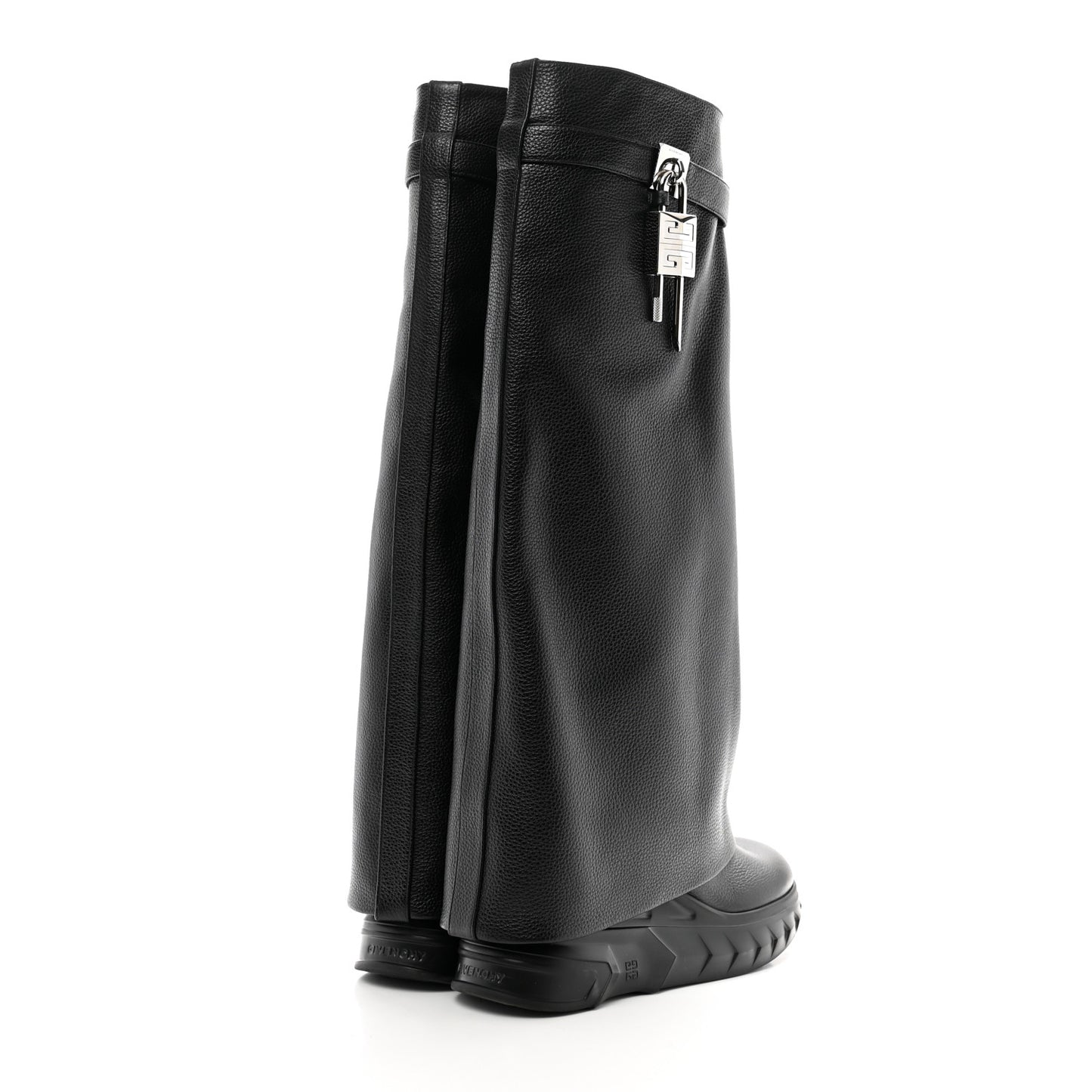 Grained Calfskin Shark Lock Biker Knee Boots 38 Black