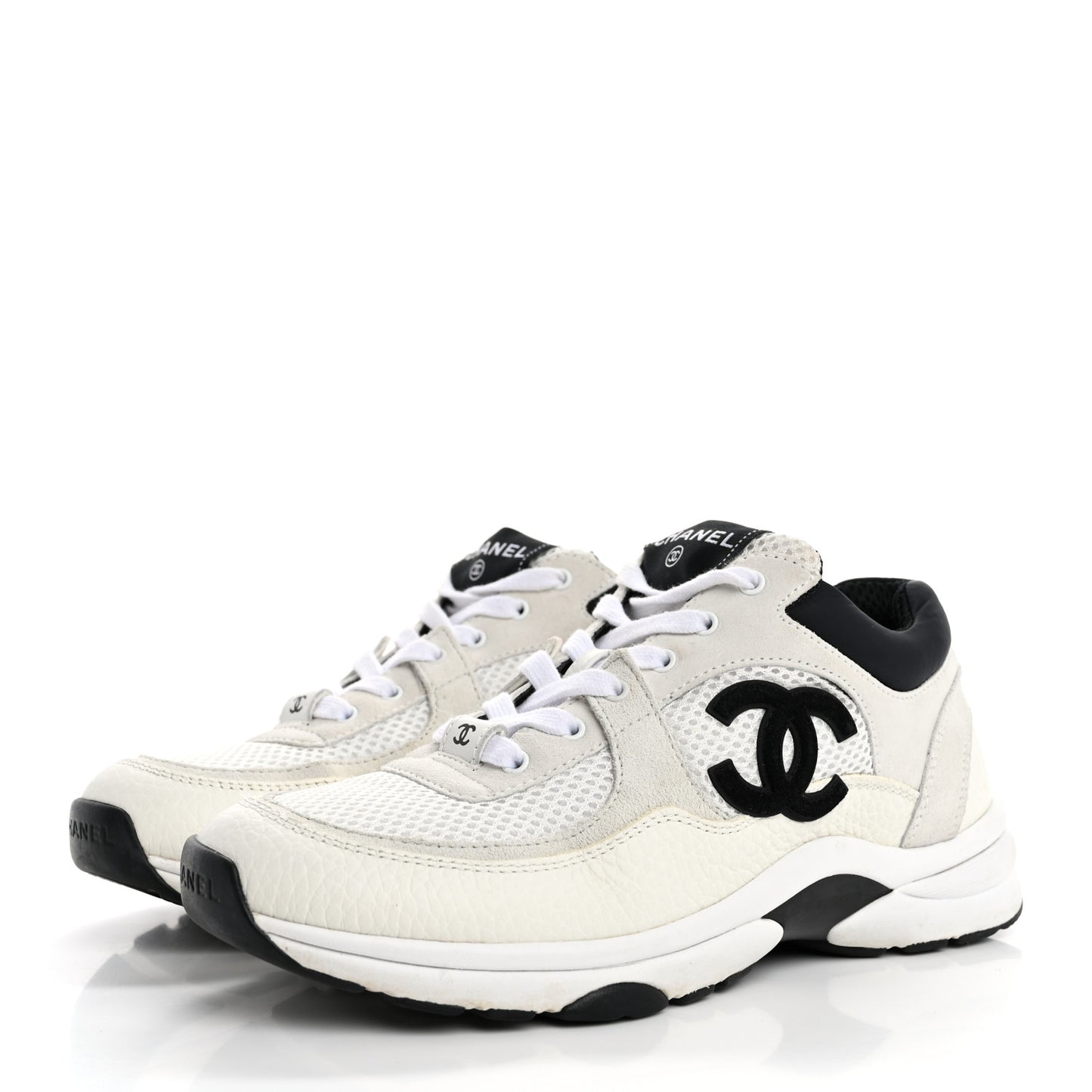Mesh Suede Calfskin Grained Calfskin Womens CC Sneakers 38 White Black