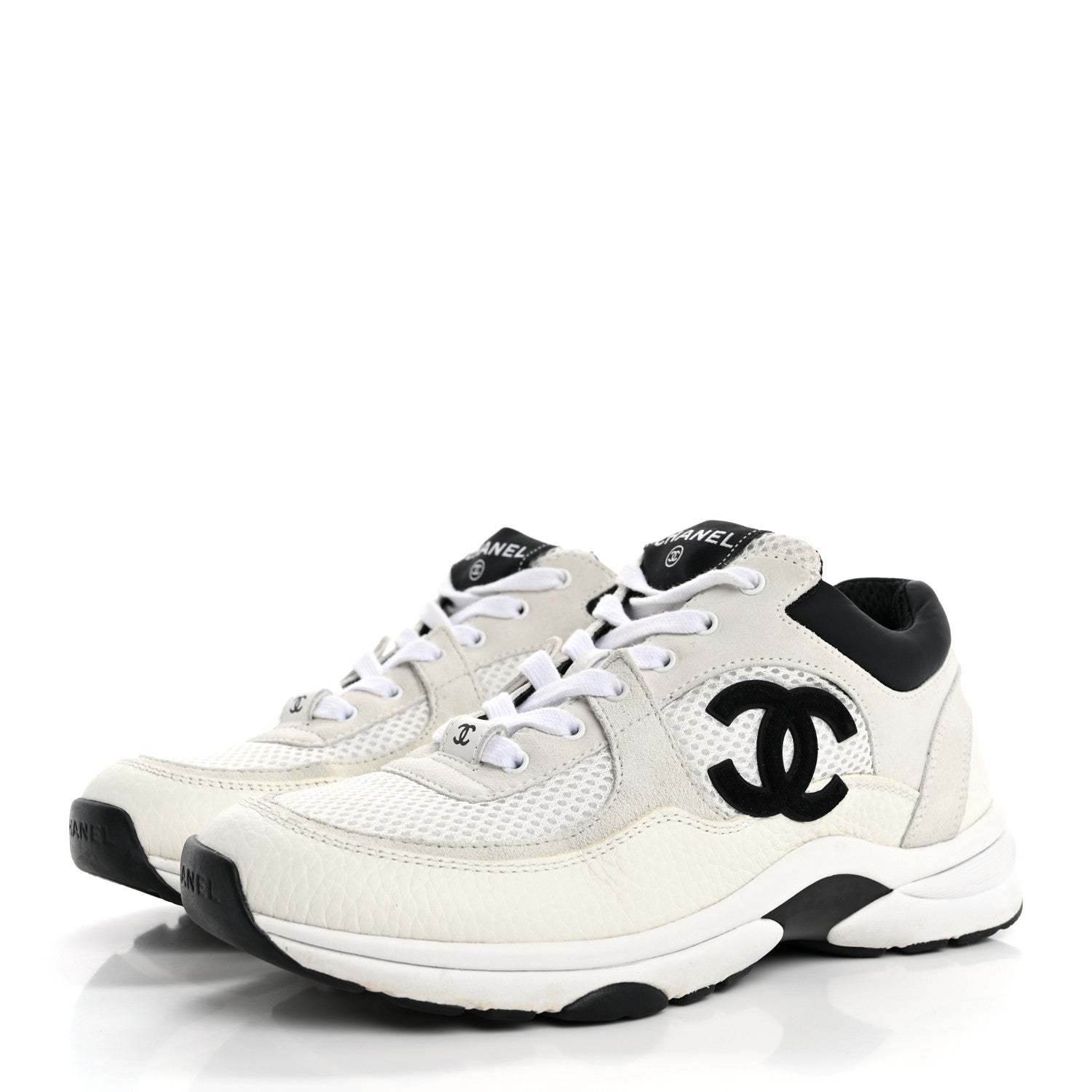 Chanel Mesh Suede Calfskin Grained Calfskin Womens CC Sneakers 38 White Black 4 of 9