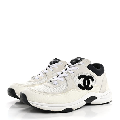 Chanel Mesh Suede Calfskin Grained Calfskin Womens CC Sneakers 38 White Black 4 of 9