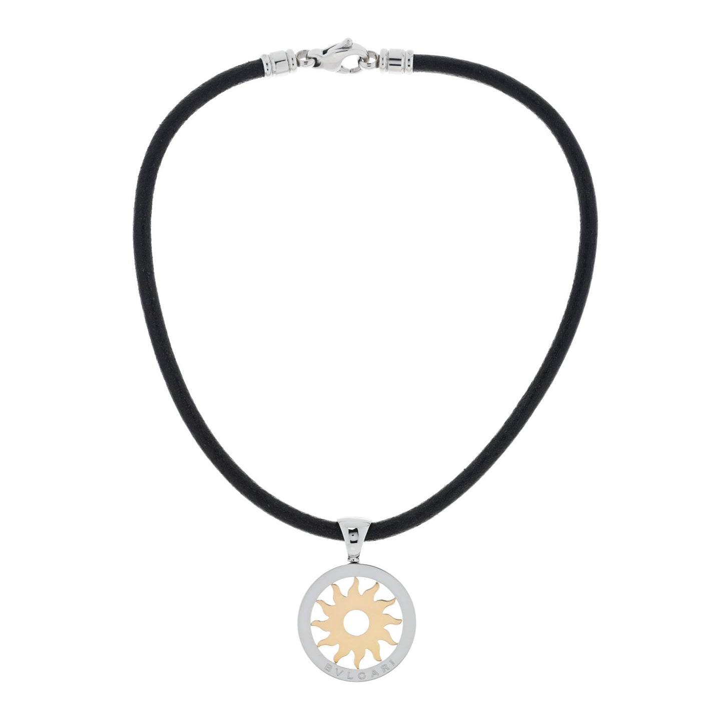 18K Yellow Gold Stainless Steel Calfskin Tondo Sun Pendant Necklace Black
