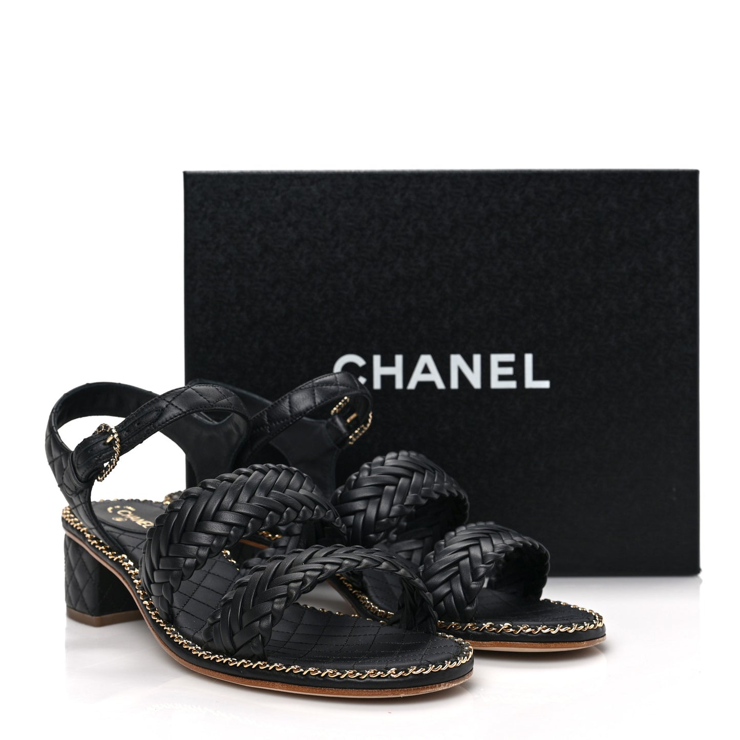 Calfskin Woven Chain Around CC Sandals 40.5 Black