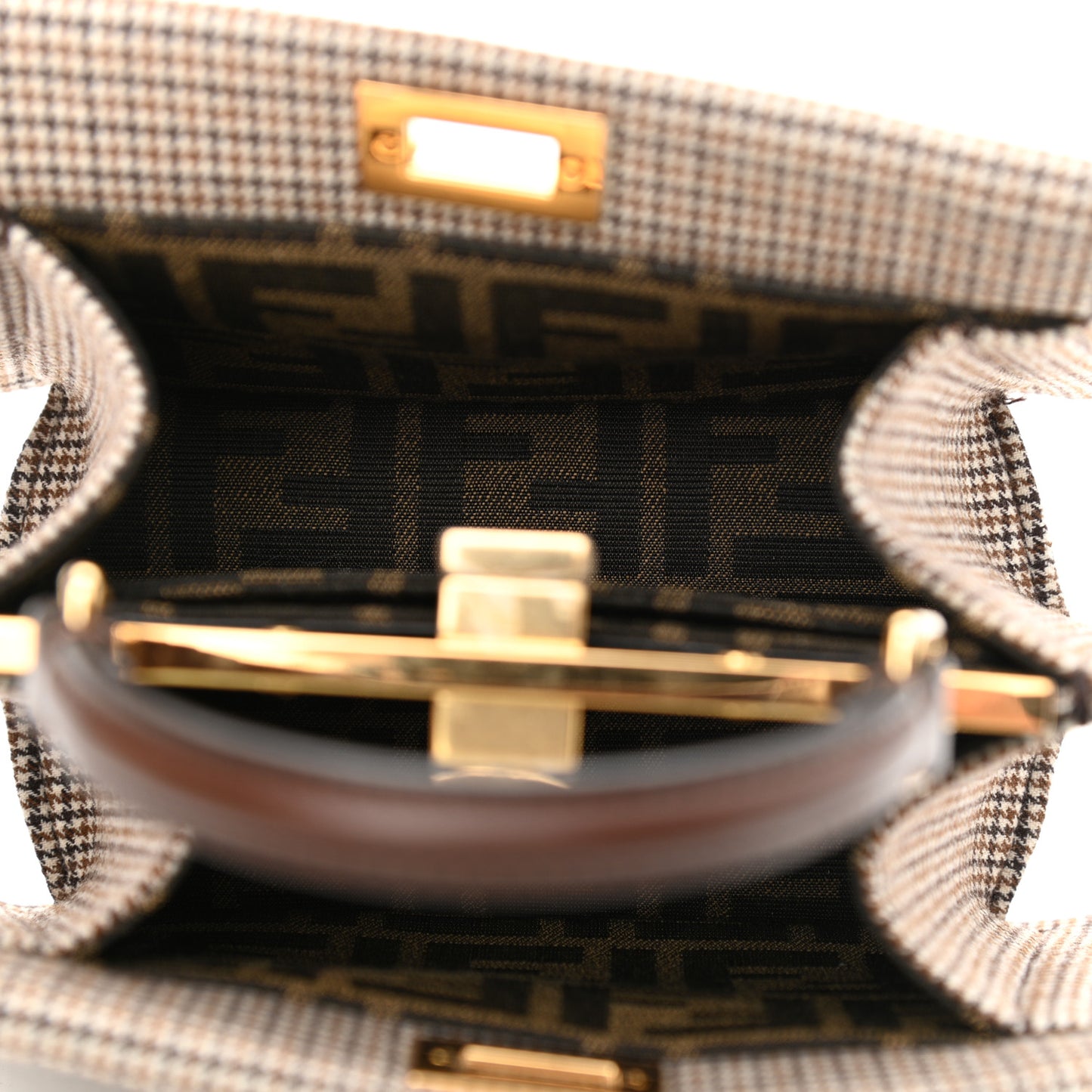 Wool Fabric Jacquard Cuoio Small Houndstooth FF 1974 Petite Peekaboo I SEE U Satchel Beige Tobacco Moro