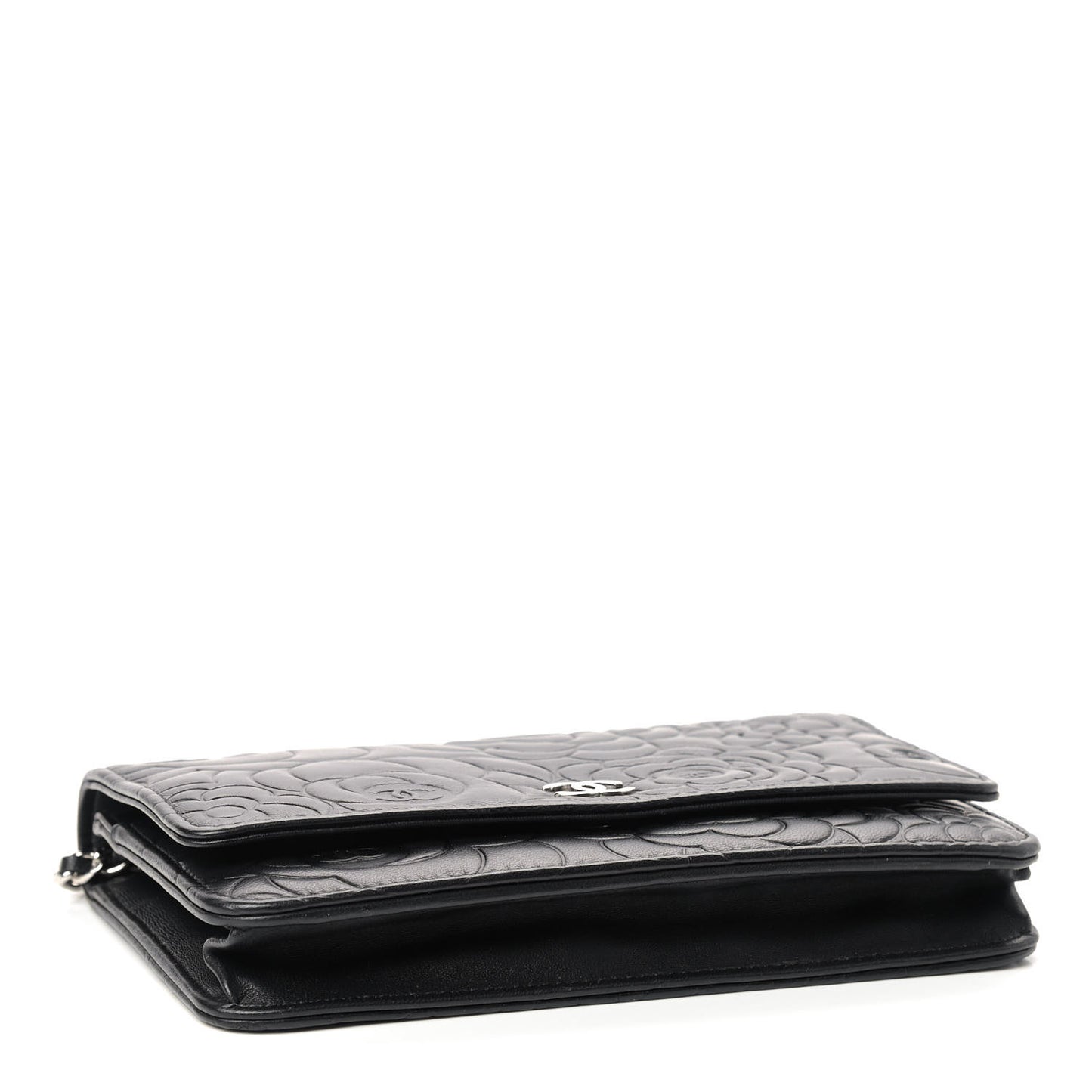 Lambskin Camellia Embossed Wallet on Chain WOC Black