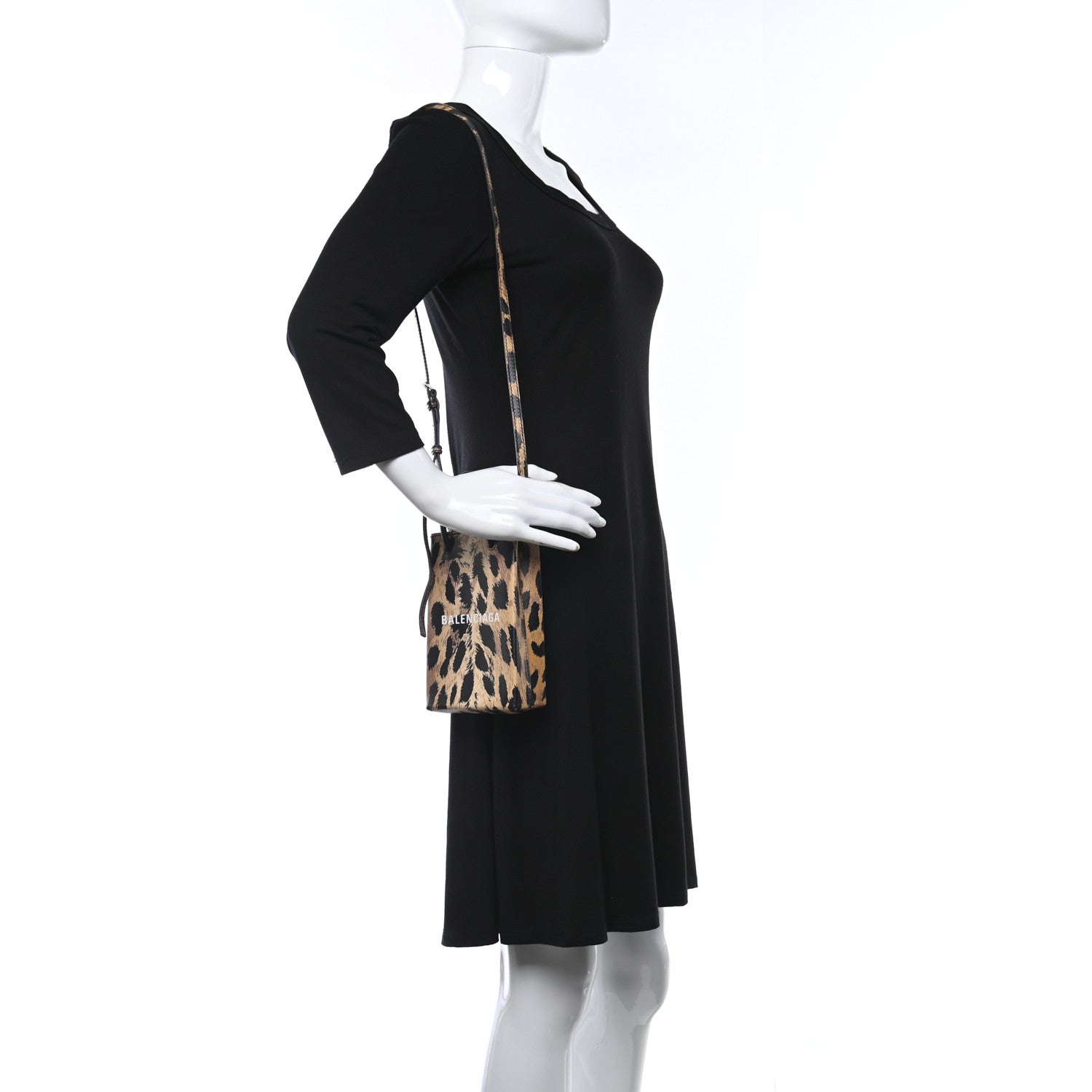 Balenciaga Smooth Calfskin Leopard Print Logo Shopping Phone Holder Bag Beige Black 2 of 8