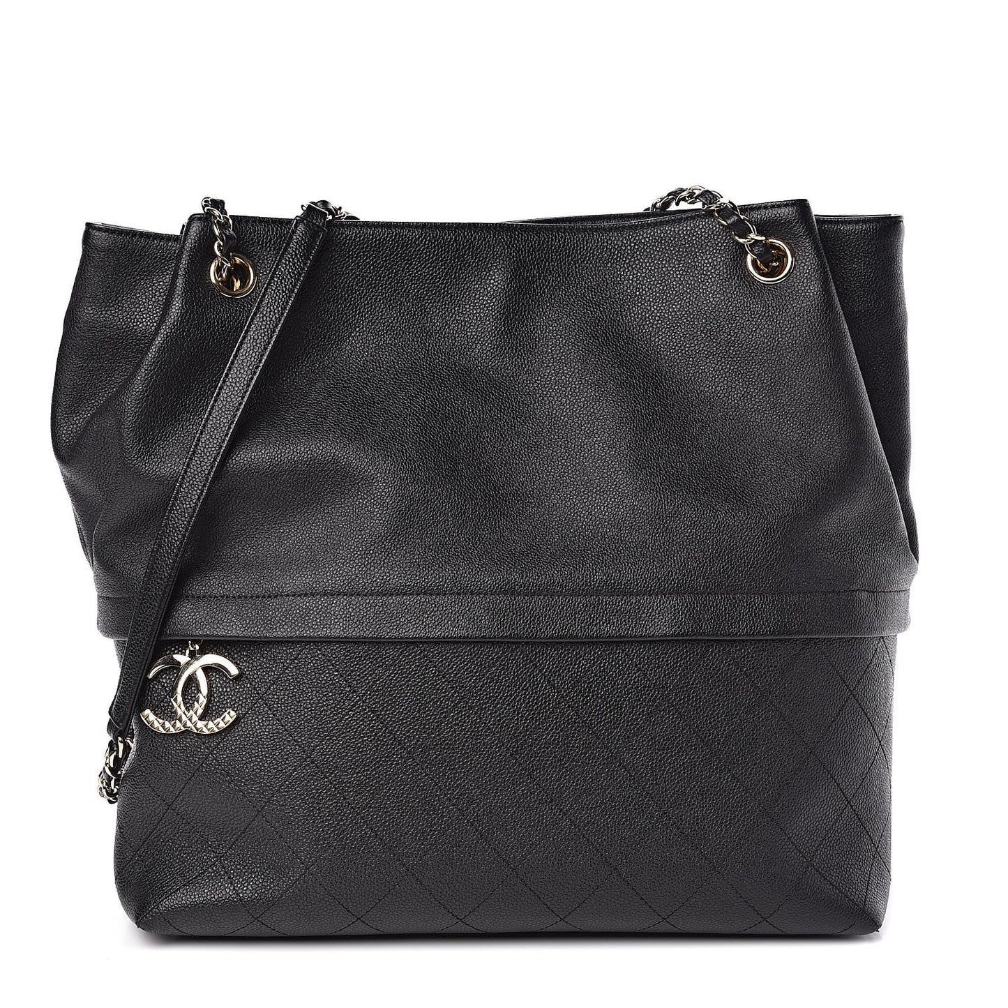 Crumpled Grained Calfskin Zip and Carry Shopping Tote Black