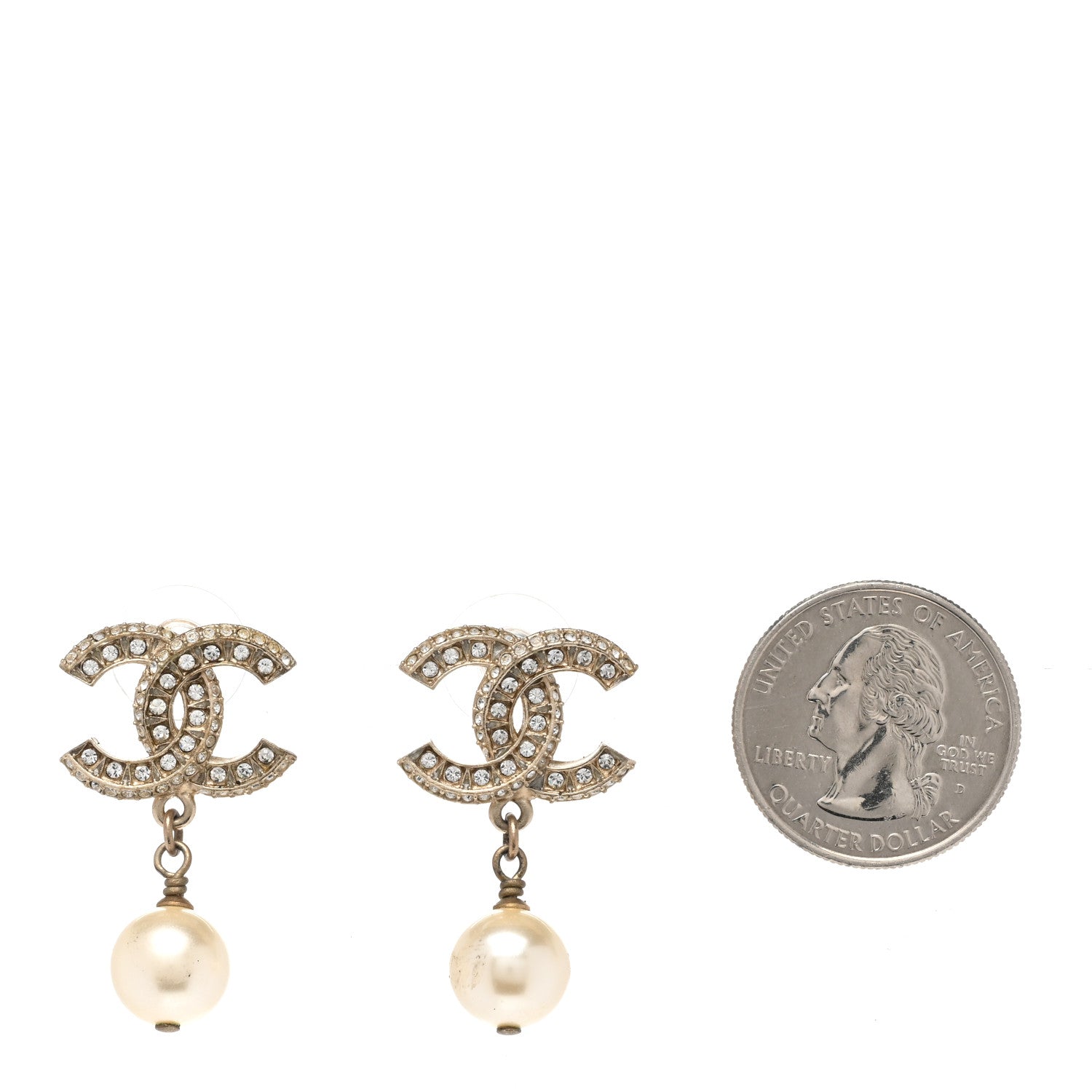 Chanel Crystal Timeless CC Pearl Drop Earrings Light Gold 2 of 5