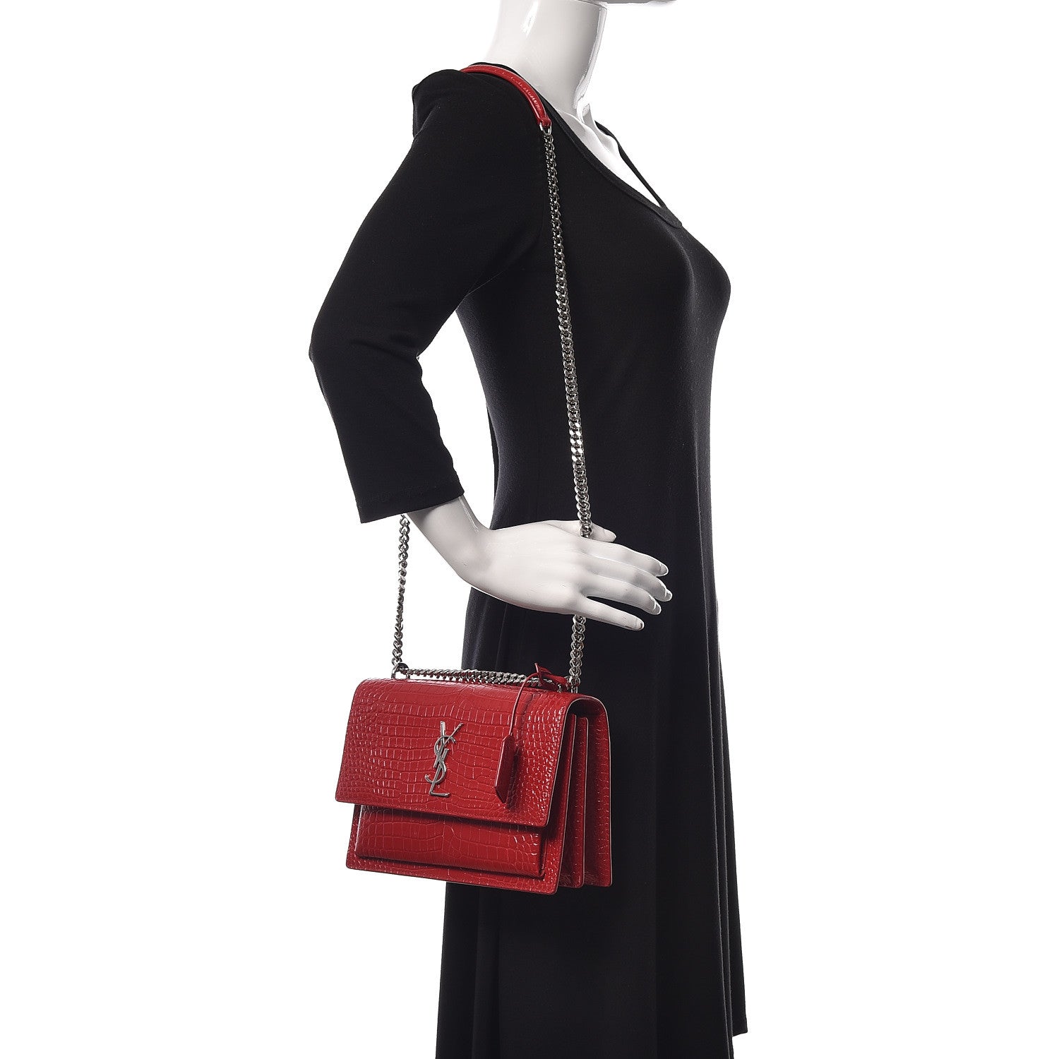 Saint Laurent Calfskin Crocodile Embossed Medium Monogram Sunset Rouge Eros 2 of 8