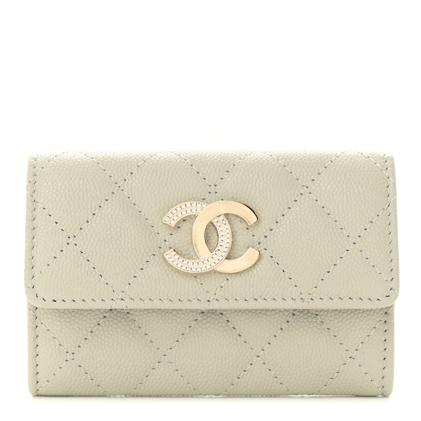 Caviar Quilted Crystal CC Flap Card Holder Light Grey