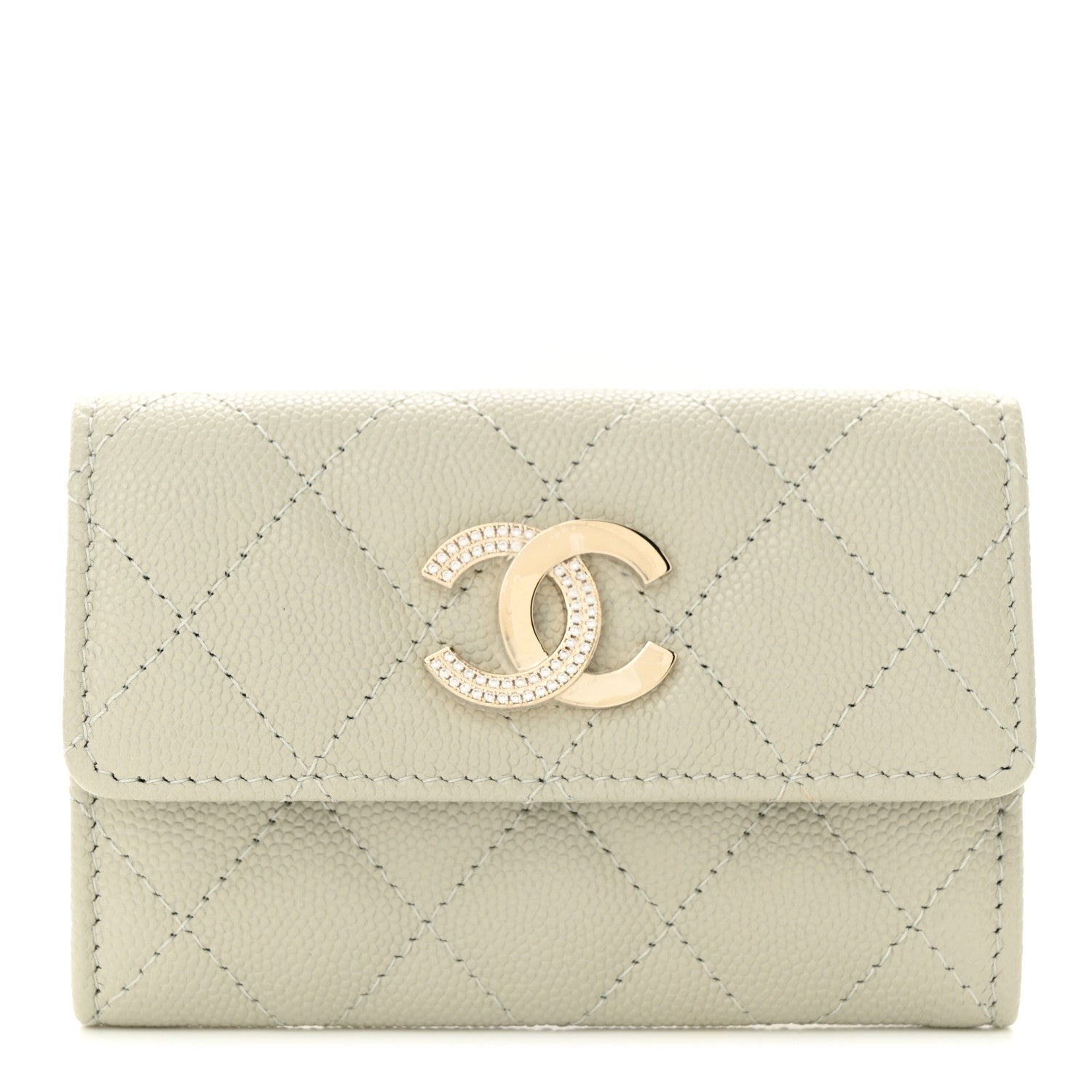 Chanel Caviar Quilted Crystal CC Flap Card Holder Light Grey 1 of 9