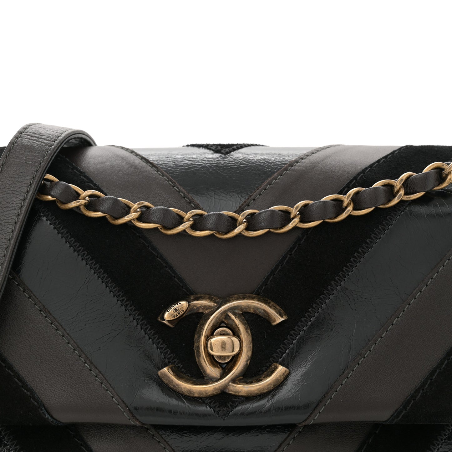 Suede Lambskin Glazed Calfskin Lady Vintage Chevron Flap Black Brown