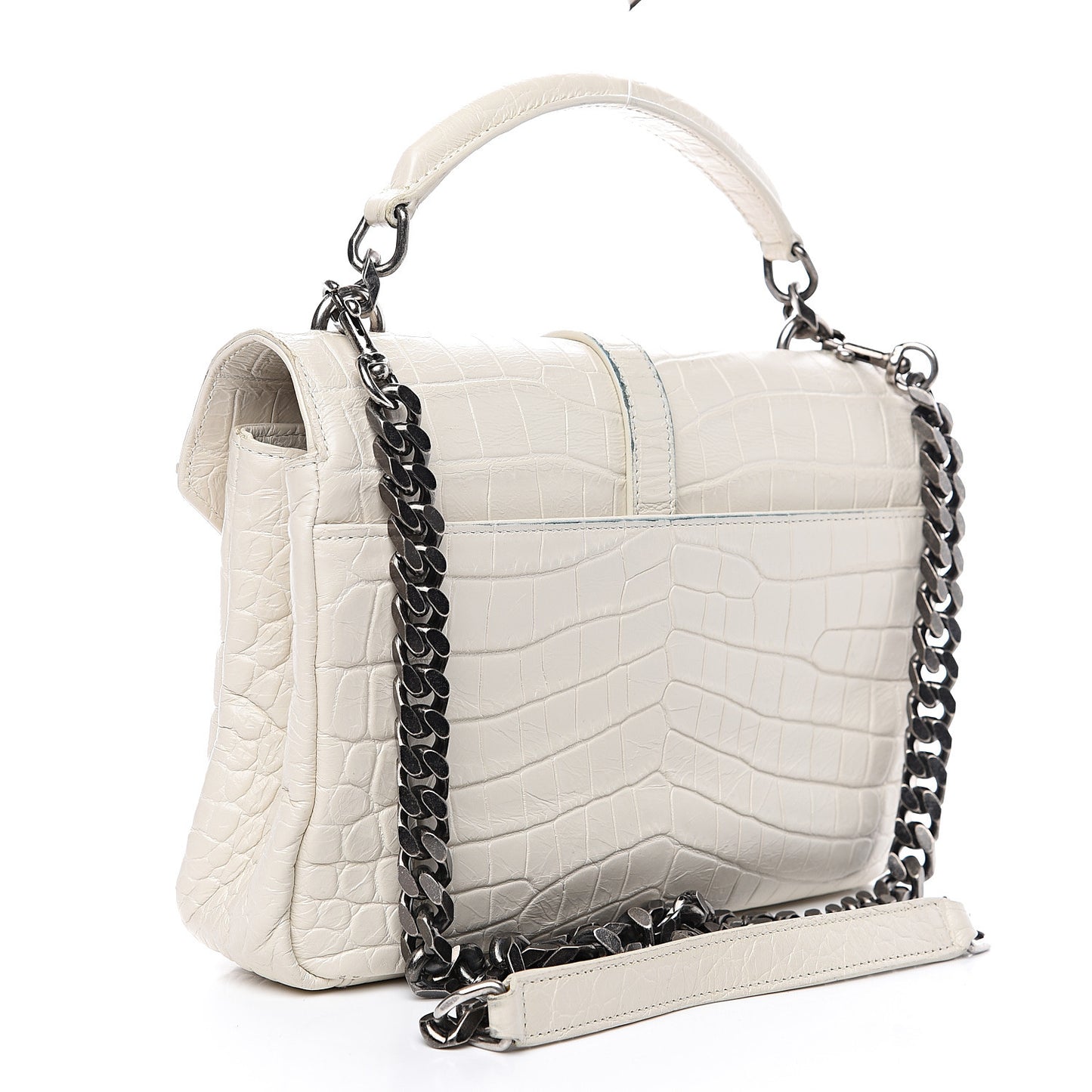 Calfskin Crocodile Embossed Medium College Monogram Satchel Dove White