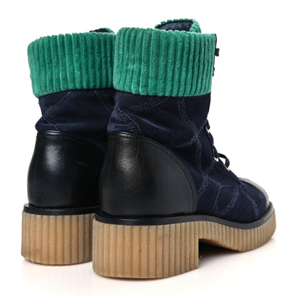 Chanel Suede Calfskin Velvet Quilted CC Combat Boots 36 Navy Green Black 4 of 8