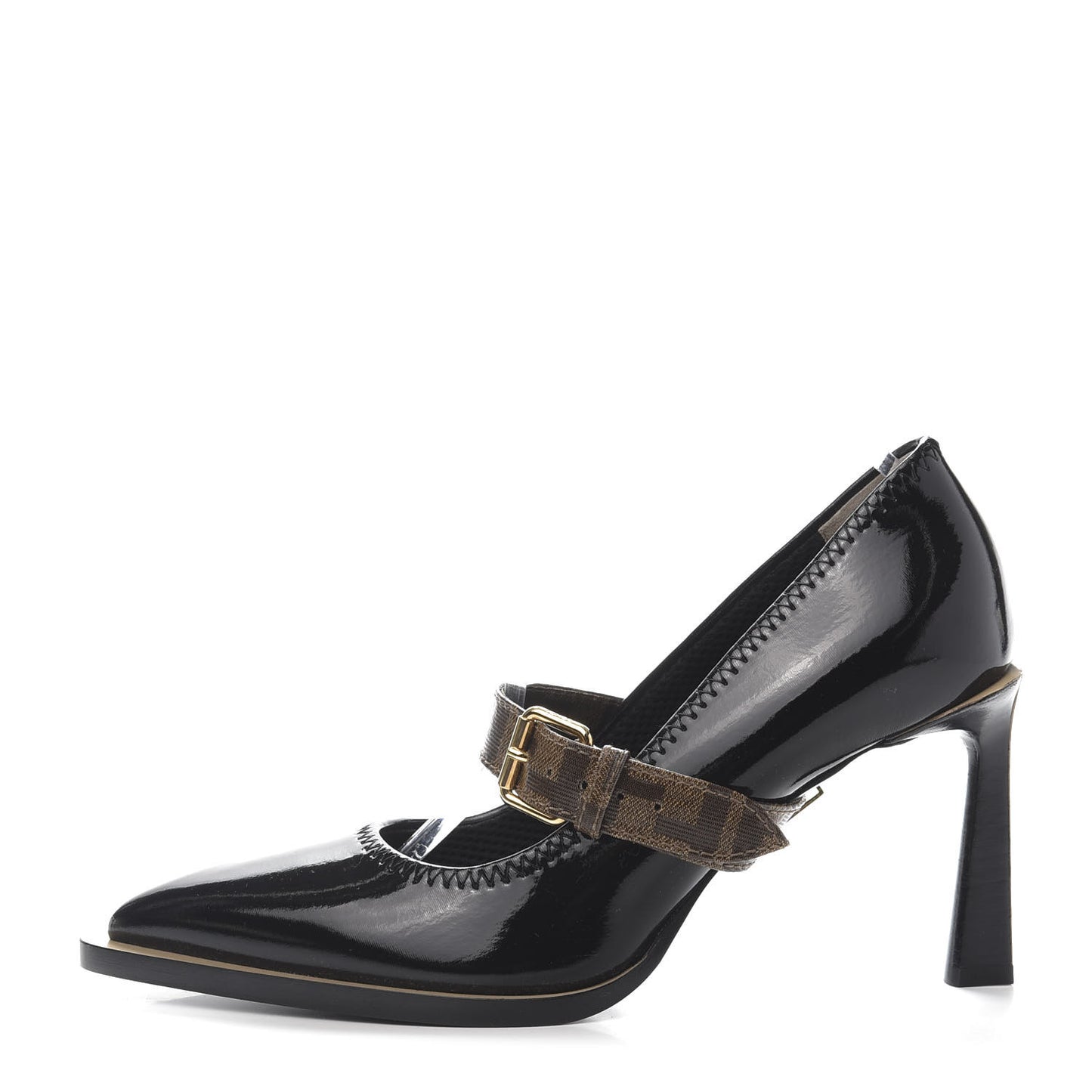Glossy Neoprene Glazed Fabric FF FFrame Court Mary Jane Pumps 39 Black Tobacco Moro