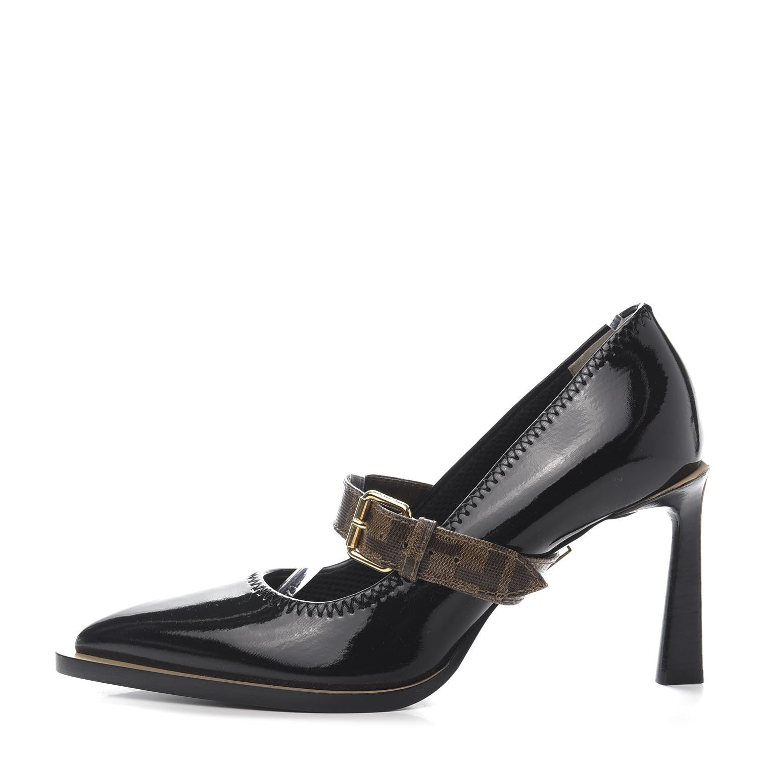 Fendi Glossy Neoprene Glazed Fabric FF FFrame Court Mary Jane Pumps 39 Black Tobacco Moro 1 of 8