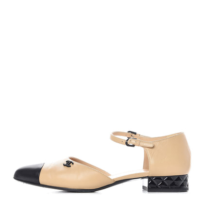 Chanel Lambskin Cap Toe CC Flats 38 Beige Black 1 of 16