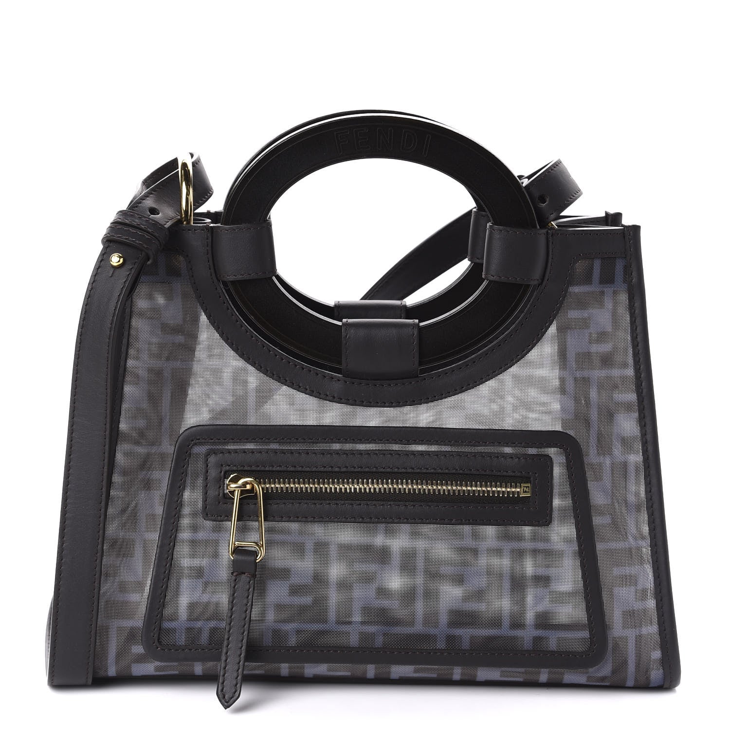 Fendi Mesh Vitello Century Cuoio FF 1974 Small Runaway Shopper Tote Azzurro Black Ebano 1 of 10