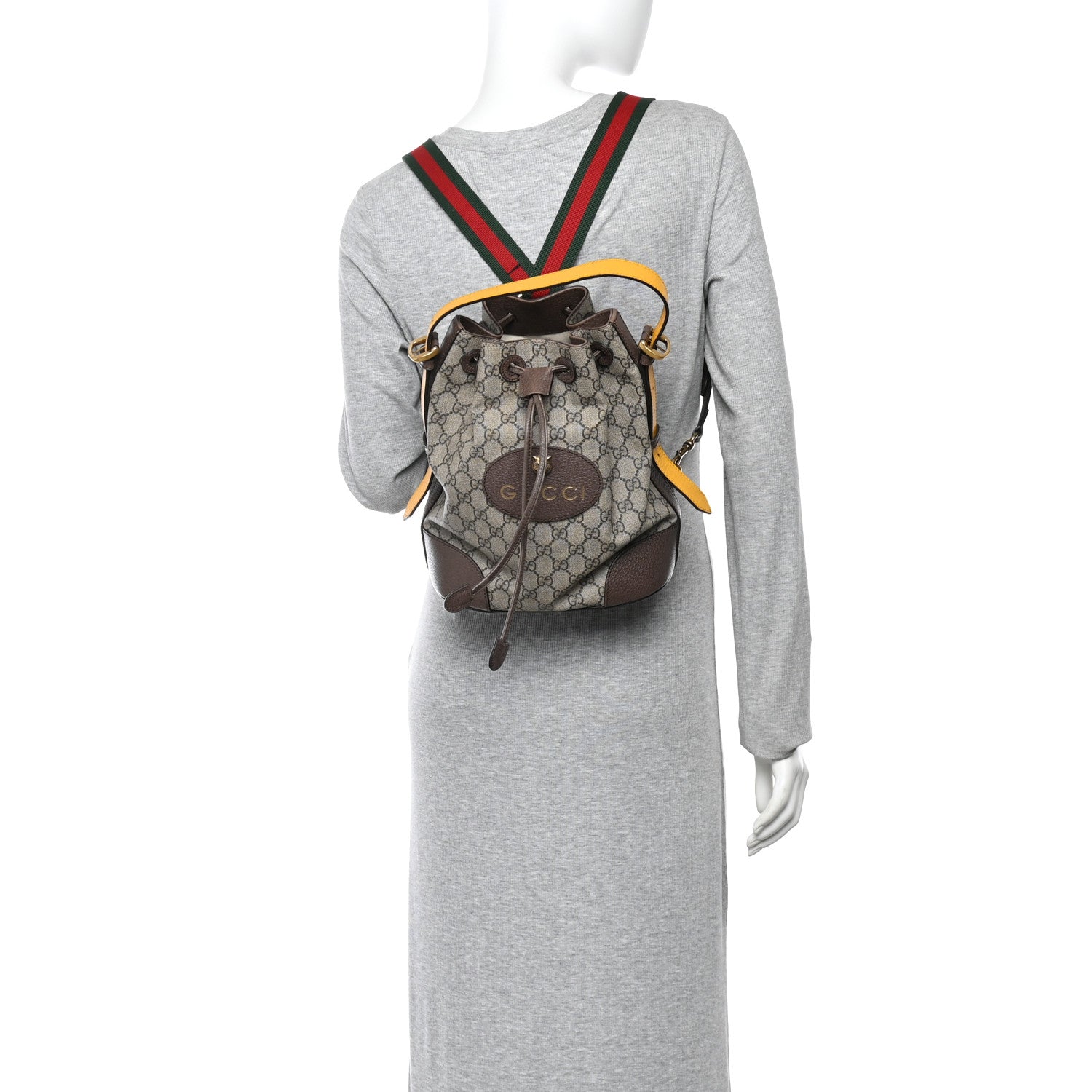 Gucci GG Supreme Monogram Neo Vintage Drawstring Bucket Backpack Beige New Acero Crop 2 of 15